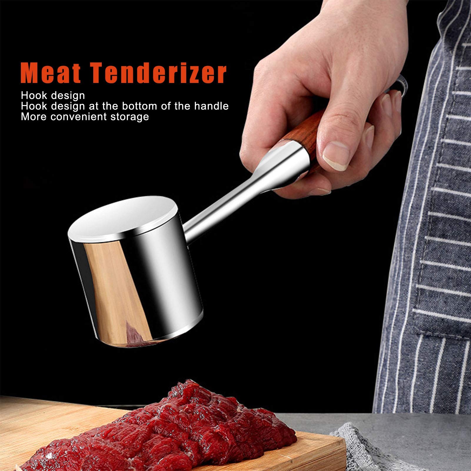 Fleischklopfer, 304 Edelstahl, Fleischklopfer, doppelseitiges Fleischklopfer mit Holzgriff, für Hobbyköche und professionelle Köche