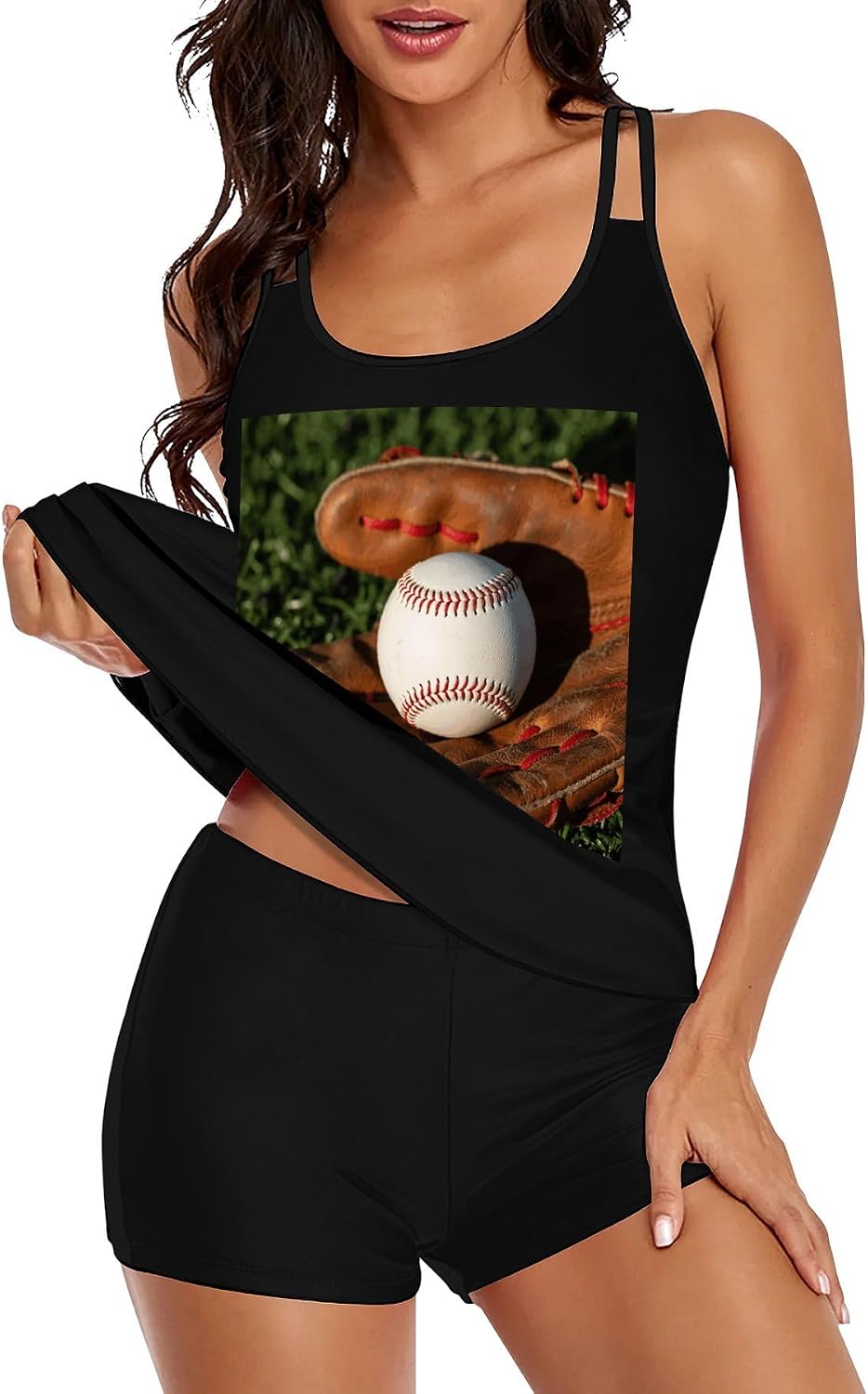3D Soccer Tankini Swimsuits for Women Tummy Control Two Piece Bathing Suits Swim Tops with Boy Shorts