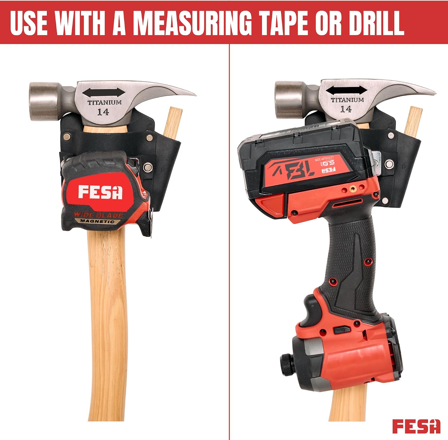 FESA Leather Tape Measure Holder - Measuring Tape or Drill Holder for Tool Belt with Steel Clip, Pencil Pocket & Heavy Duty Rivets - 2 Ways to Attach - Fits Any Belt - Handcrafted