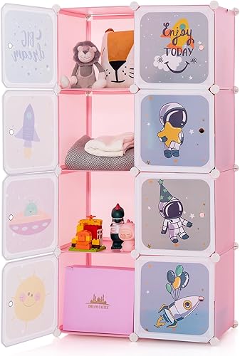 Miniatura 12 de INFANS Armario para niños, armario portátil para bebé, lindo para dormitorio de niños, armario de guardería con puertas, 12 cubos, 2 secciones para