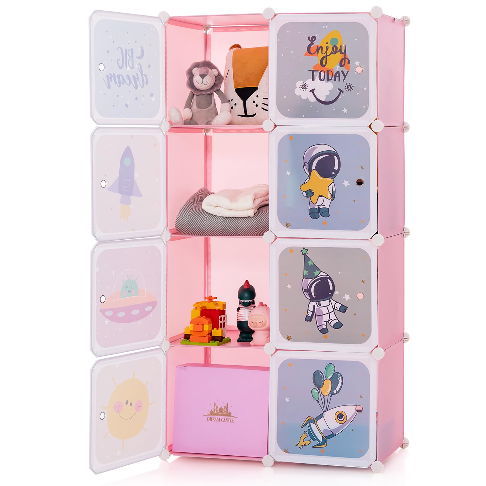 GYMAX Cartoon Clothes Closet, Portable Kids Wardrobe with Hanging Section, 8 Cubes Children Storage Unit for Bedroom Nursery (Pink, 74 x 36 x 144cm)