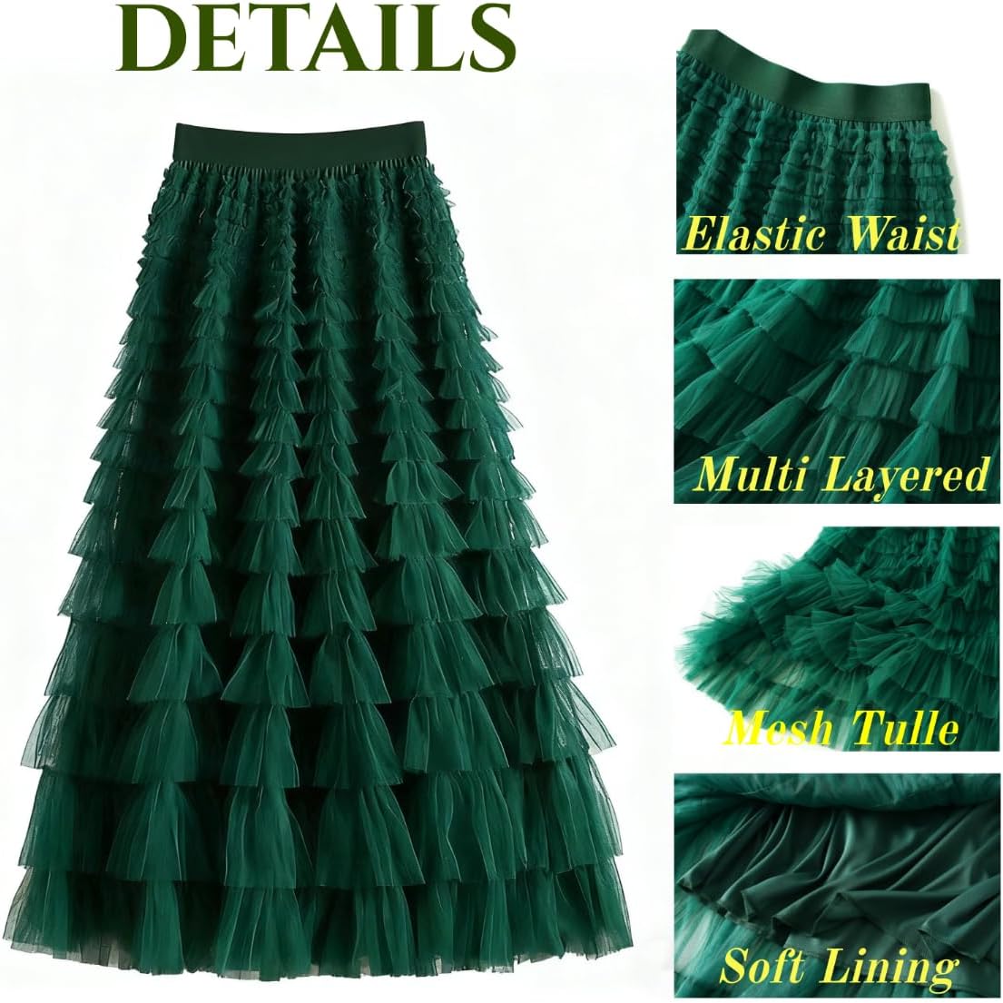 Women's Long Tulle Skirt A Line Ruffle Tiered Layered Tutu High Waisted Flowy Fairy Maxi Skirt