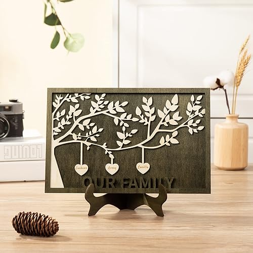 Vista 52 de Árbol genealógico con etiqueta de corazón, placas de madera grabadas personalizadas, regalos personalizados para madres, padres, escritorio, nombres