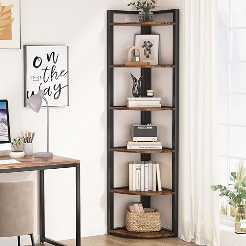 Miniatura 4 de Tribesigns Estantería esquinera de 6 niveles, estantería esquinera de 70.9 pulgadas de alto, estantería pequeña, estantería de esquina rústica,
