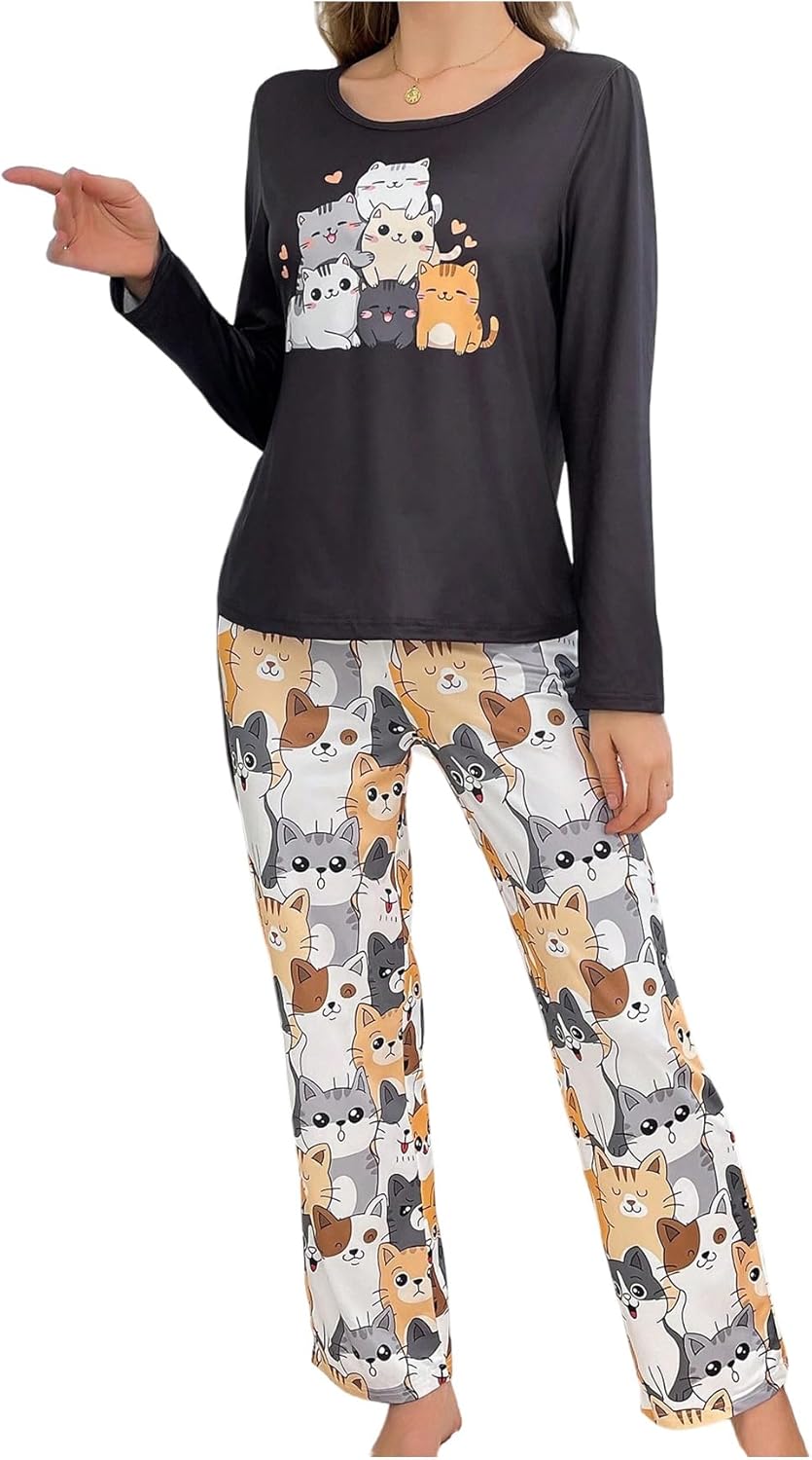 SOLY HUX Women's Cartoon Graphic Pajama Set Cute Cat Print Sleepwear Long Sleeve Tee Tops and Pants Loungewear