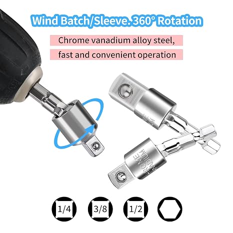 Flexible Drill Bit Extension Set, 105 Right Angle Drill Attachment, 1/4 3/8 1/2 Hex Shank Impact Driver Socket Adapter Rotatable Socket, Bendable Drill Bit Extension and Screwdriver Bit Kit