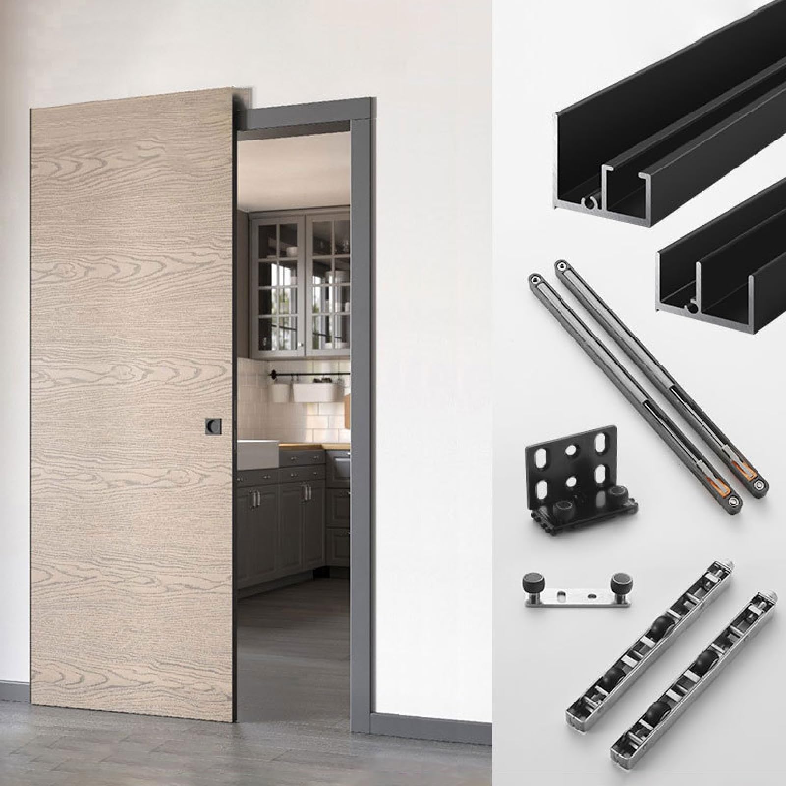 Kit de Puerta corredera Invisible,Kit para Puerta Invisible,Kit de herrajes Ocultos para Puertas,Funcionamiento Impecable,Diseño Invisible,Adecuado para dormitorios