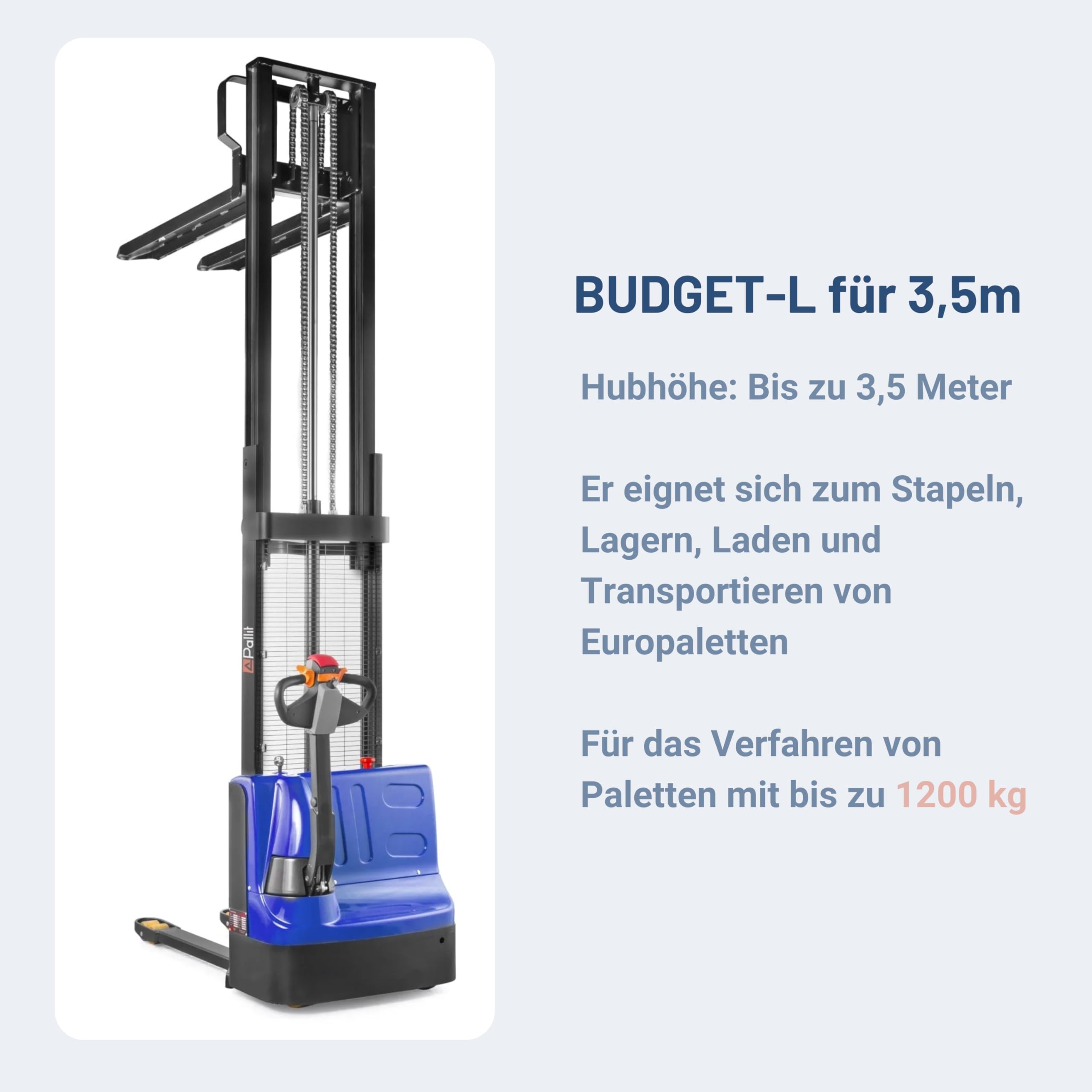 Pallit Budget-L Hochhubwagen Elektrisch Elektro Hubwagen 3500 mm Hubhöhe 1200 kg Tragkraft Flexibler & Wendiger Elektrischer Stapler inkl. 2 Blei-Gel-Batterien mit 100 Ah