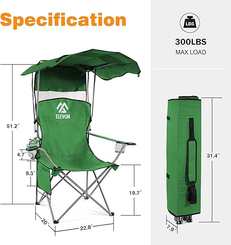 Miniatura 3 de Elevon Silla de campamento, silla plegable de gran tamaño con toldo, silla portátil para exteriores con brazos, portavasos y bolsa de transporte