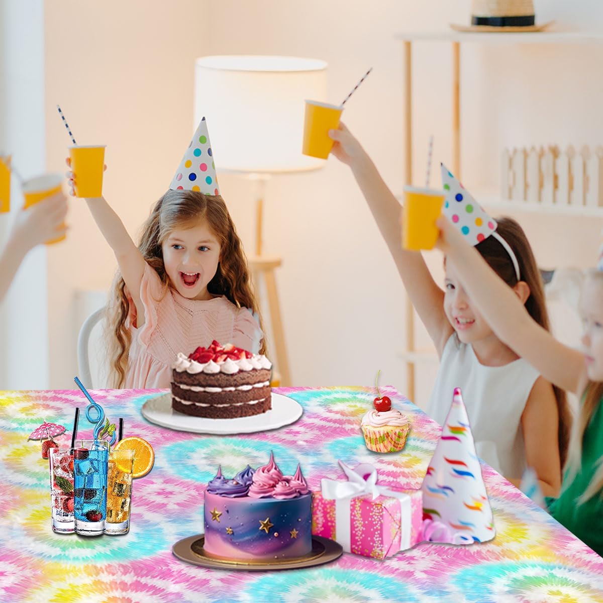 CMUSKO Tie Dye Tablecloth, 3Pcs Tie Dye Birthday Party Decorations Plastic Table Cloths Rectangle Rainbow Table Cover for Colorful Birthday Baby Shower Picnic Dining Party Decor, 108x180cm