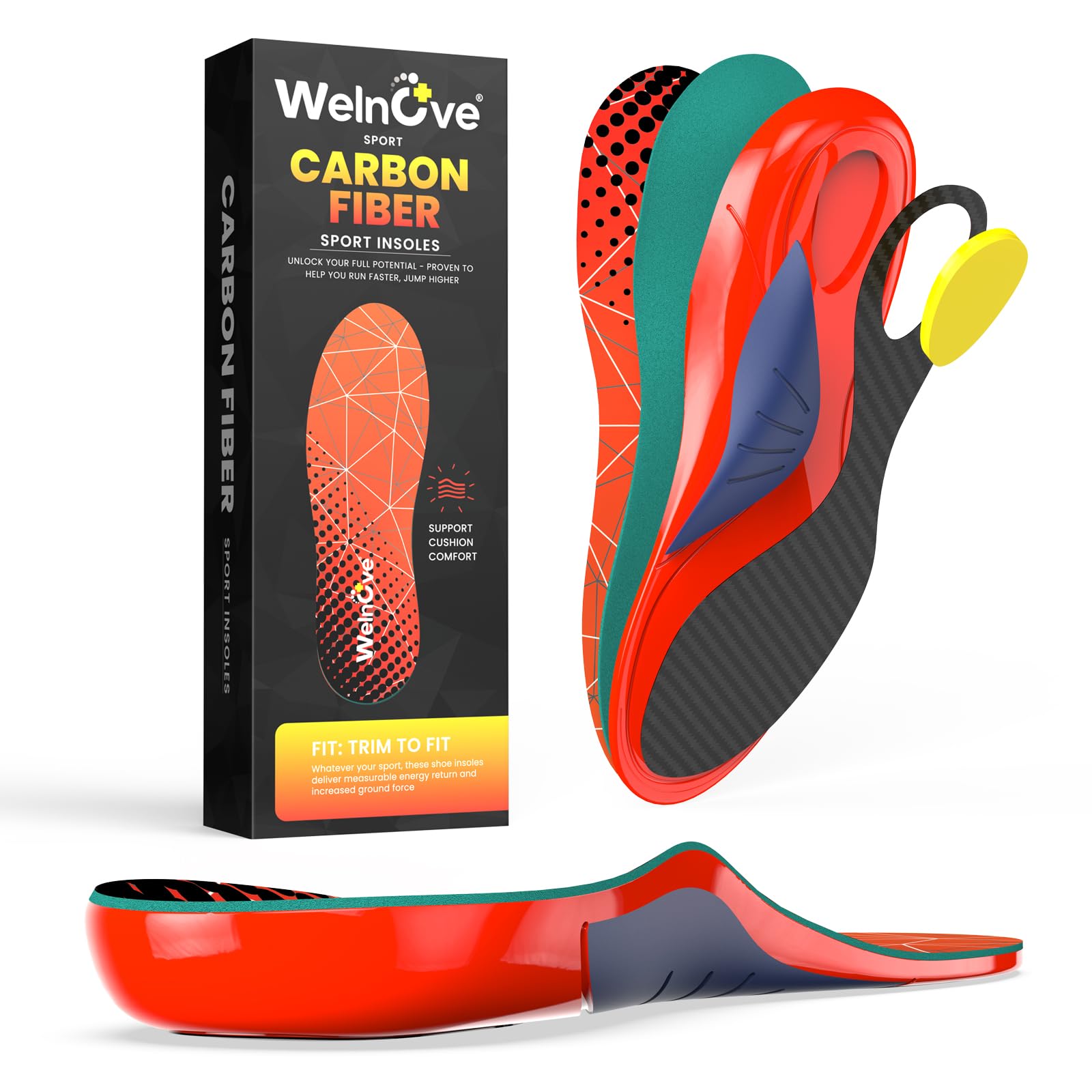 Welnove Semelle Carbone pour Running, Semelle Sport pour Football et Basketball – Dotées d'un soutien de la voûte plantaire, ces semelles améliorent les performances-XL-Femme 43-44|Homme 41-42