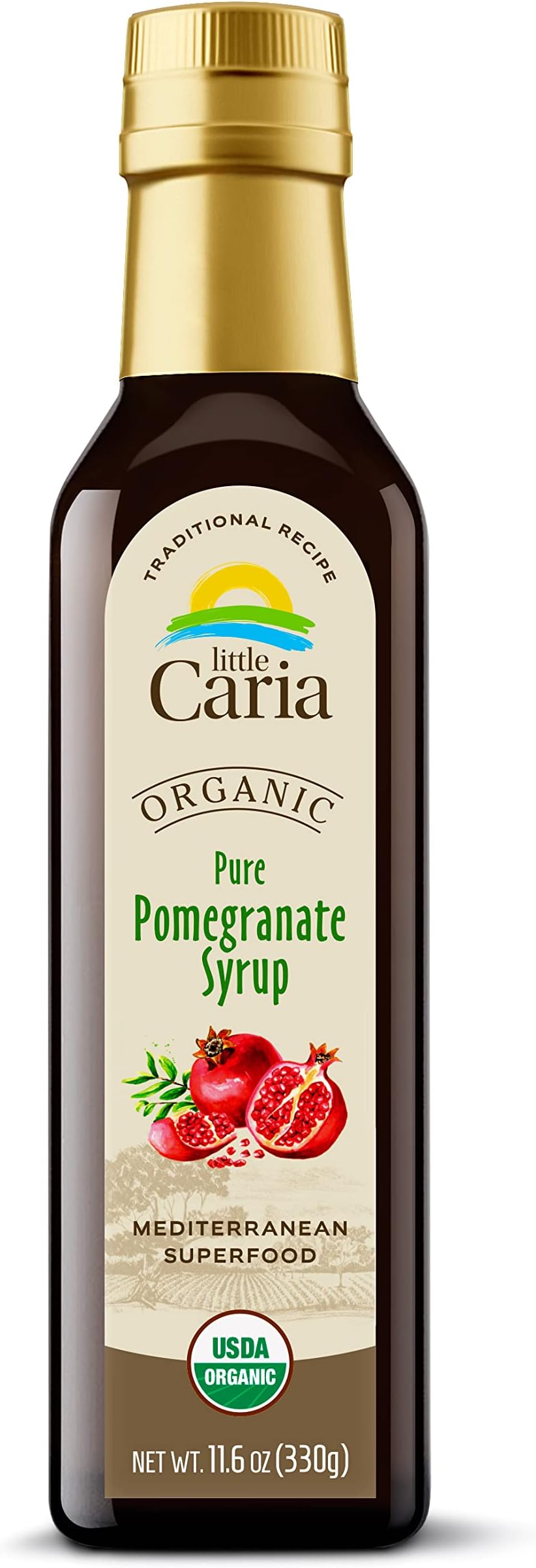 Little Caria Organic Pomegranate Molasses - USDA Organic, Mediterranean Superfood, No Added Sugar, No Additives, 11.6 oz