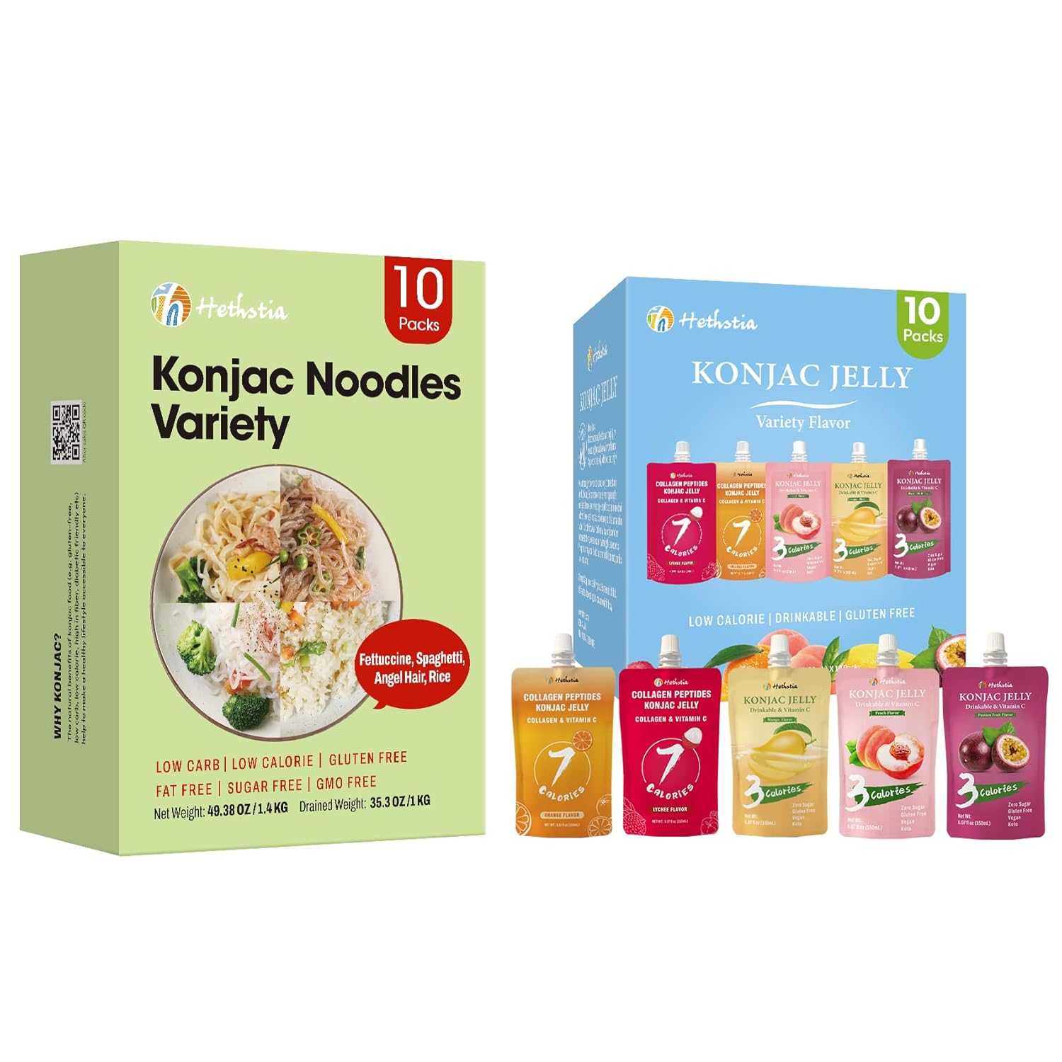 Hethstia Konjac Noodles and Konjac Jelly Drinkable Pouch Variety Pack, Keto, 20 Pack, Gluten-Free, Sugar-Free, Low Calorie, Low GI, Ready-to-Eat Healthy Food Gifts