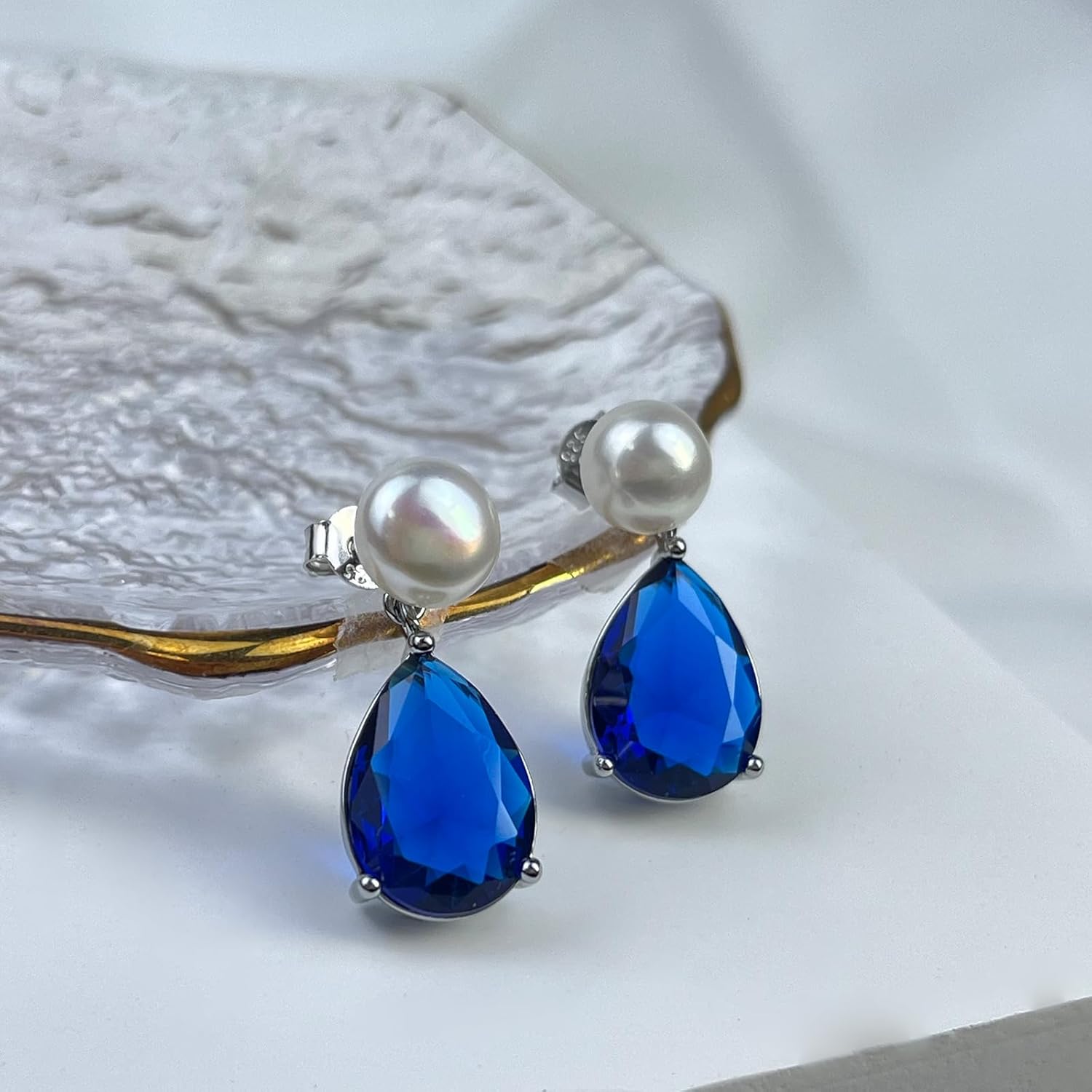 YAMI Pearl Earrings for Women, 925 Sterling Silver Studs 10 * 14mm Pear Shaped Colored Zircon Birthstone Drop Dangle Earrings, 8-8.5MM Freshwater Cultured Pearl Jewelry Gifts - Image 5