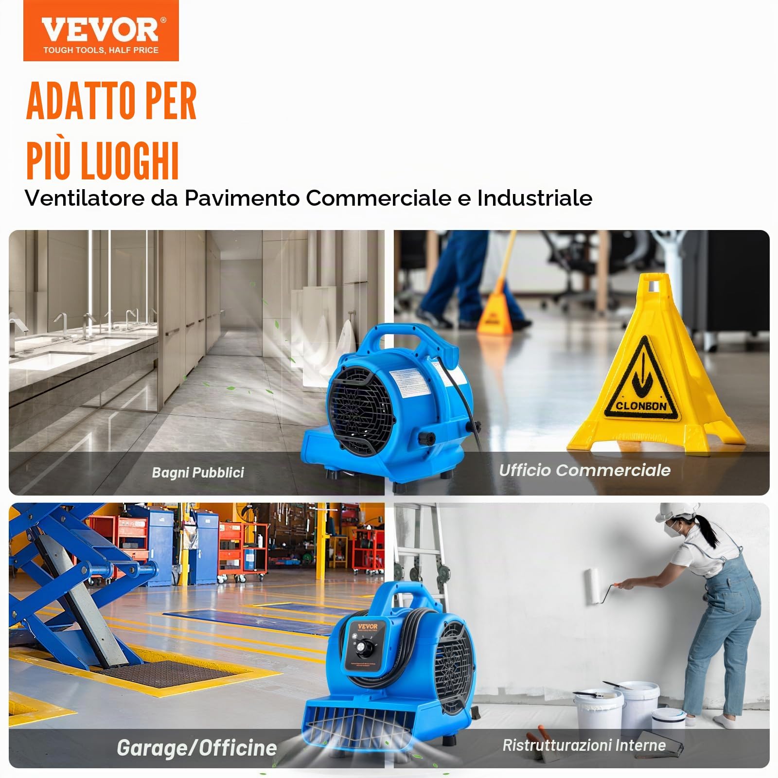 VEVOR Ventilatore Pavimento 1360 Giri/min Ventilatore per Asciuga Moquette Portatile 16,99 m³/min 4 Angoli di Soffio 3 Impostazioni di Velocità per Impianti Idraulici Domestici Commerciali di Pulizia