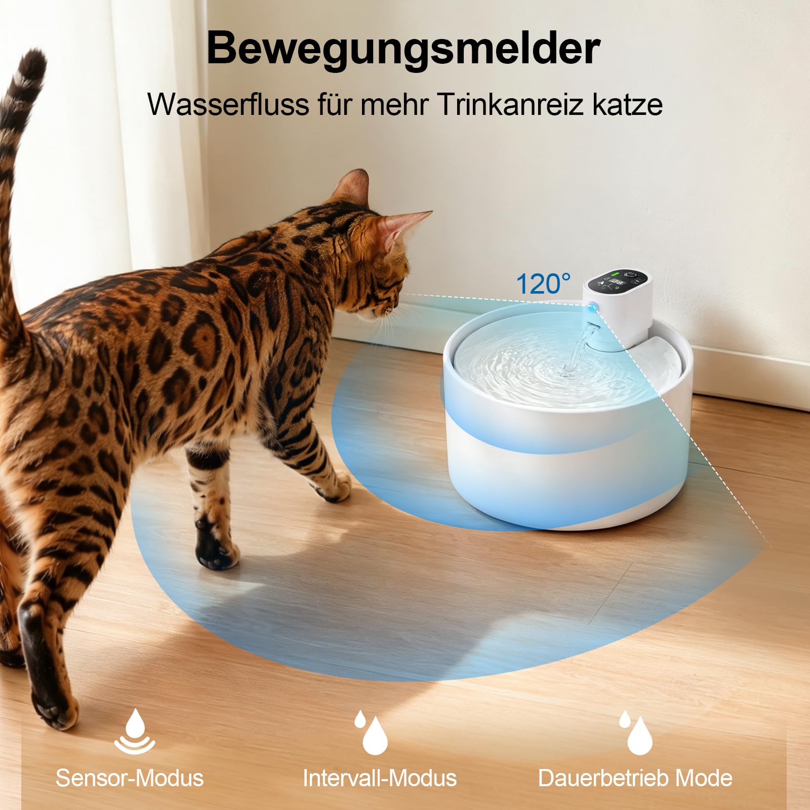 Katzenbrunnen Keramik kabellos 2,3L, Trinkbrunnen für Katzen für Indoor | Bewegungssensor, trinkbrunnen für katze kabellos 4000mAh, Ultra-leise pumpe, Mehrschichtfilter