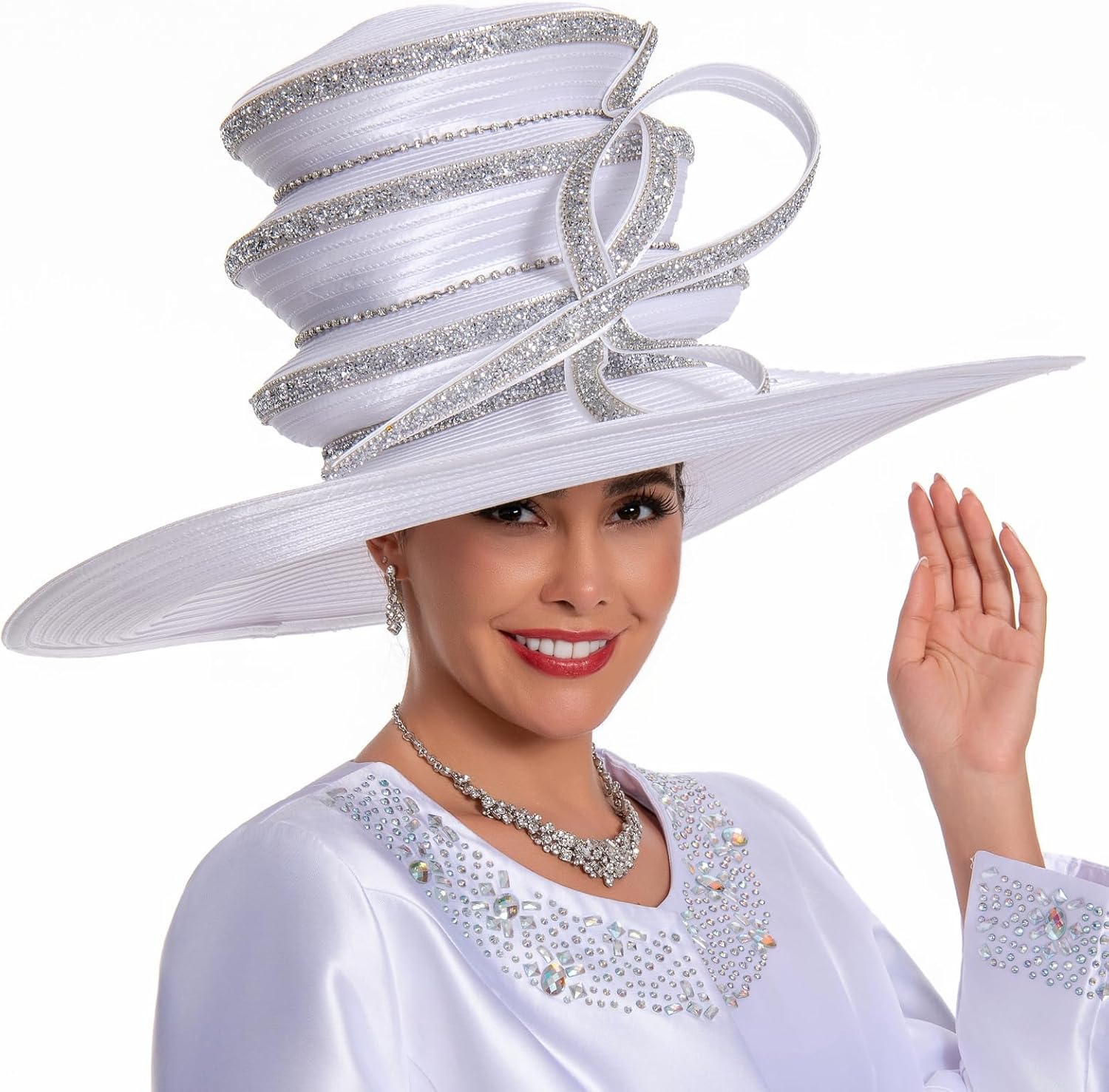 Women's Dramatic Giant Wide Brim Rhinestone Church Hat Statement Turban Fascinator for Wedding Chapel Baptist Sunday