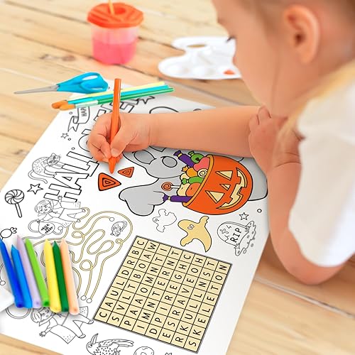 Miniatura 5 de AnyDesign - 30 manteles individuales de papel de Halloween de 5 estilos para colorear de 11 x 14 pulgadas, tapete de comedor desechable para