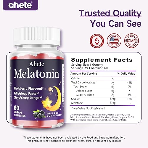 Miniatura 7 de Ahete Gomitas de melatonina de 5 mg para adultos, ayuda para dormir con sabor a frambuesa, sin azúcar, 120 gomitas, suministro para 120 días