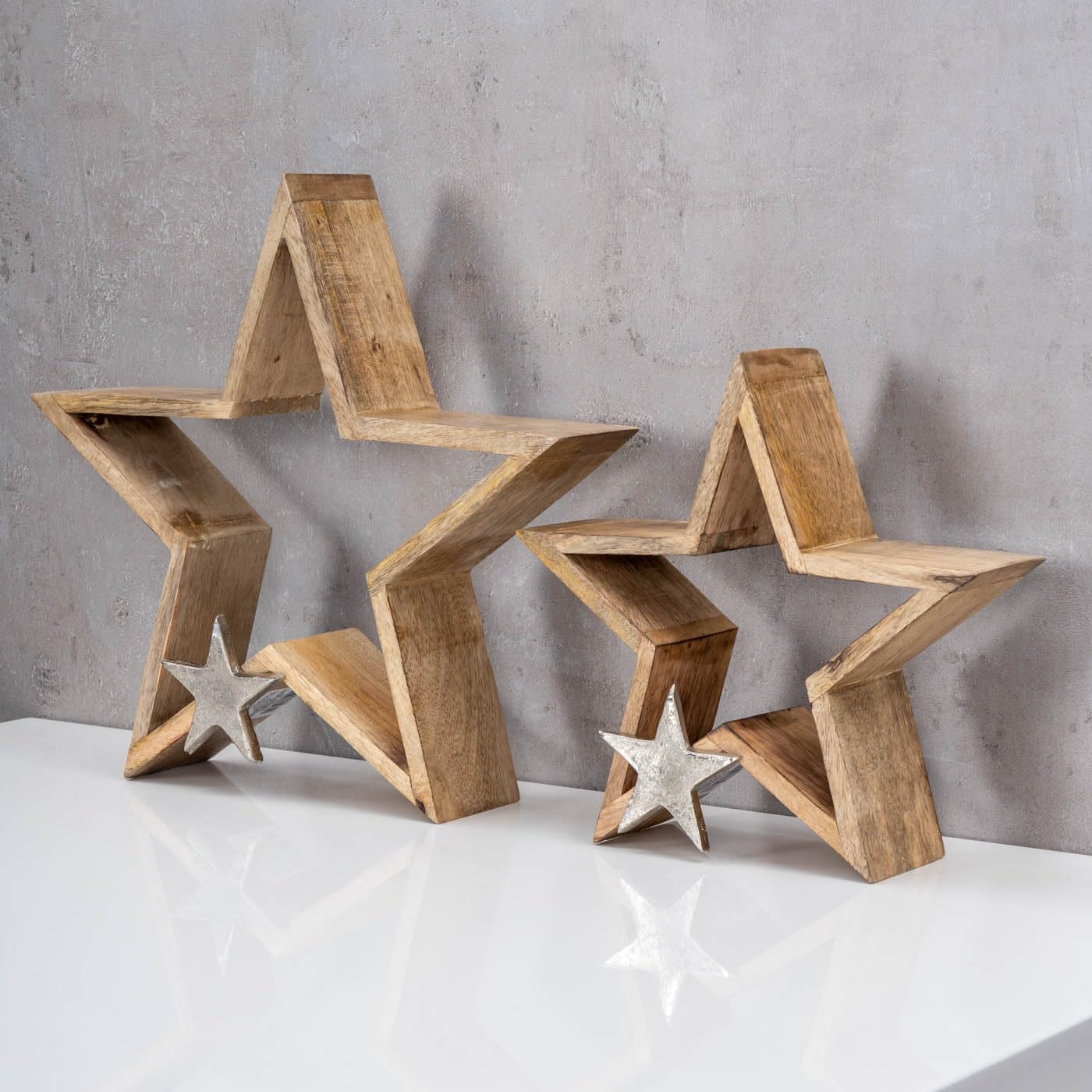levandeo 2er Set Sterne 25-33cm Mango Holz Natur Braun Silber Weihnachtsdeko Tischdeko Dekoration Deko Aufsteller Weihnachten Wohndekoration Geschenk