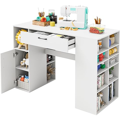 Giantex Craft Table with Storage, 53'' Artwork Sewing Table with 14 Cube Storage Shelves, Large Drawer, Cabinet with 2 Shelves, 36'' Counter Height Sewing Workstation White Drafting Writing Desk