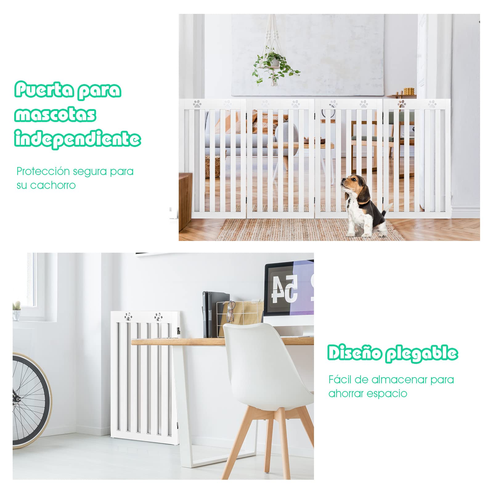 COSTWAY Cerca de Madera para Mascotas, Cerca Plegable para Perros con Bisagras Flexibles a 360° y 4 Paneles, Valla Interna 89,5 cm para Mascotas para Casa Escalera (Blanco, 4 Paneles)