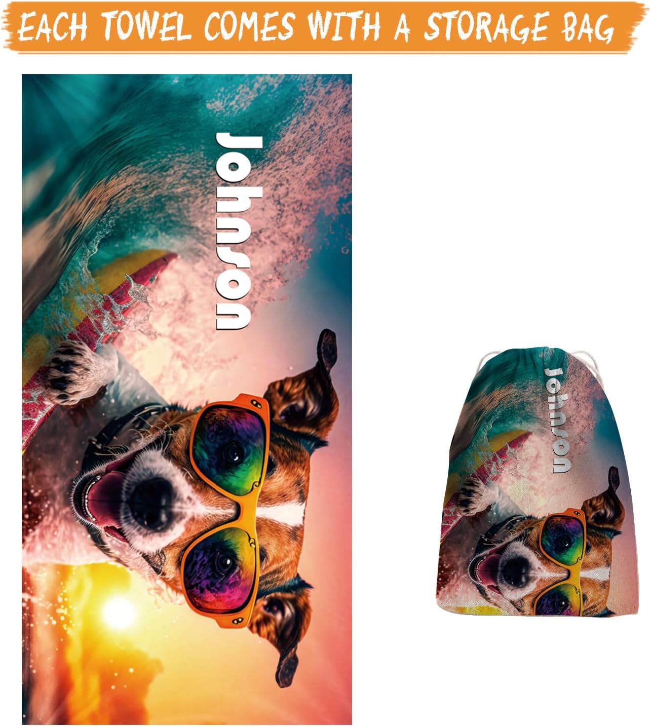 Personalized Beach Towel with Bag - Custom Name with Animal Selfies Design - Oversized Soft Absorbent Microfiber Bath Pool Towels for Baby Kids Adults Boys Girls Gifts Color07-Dog