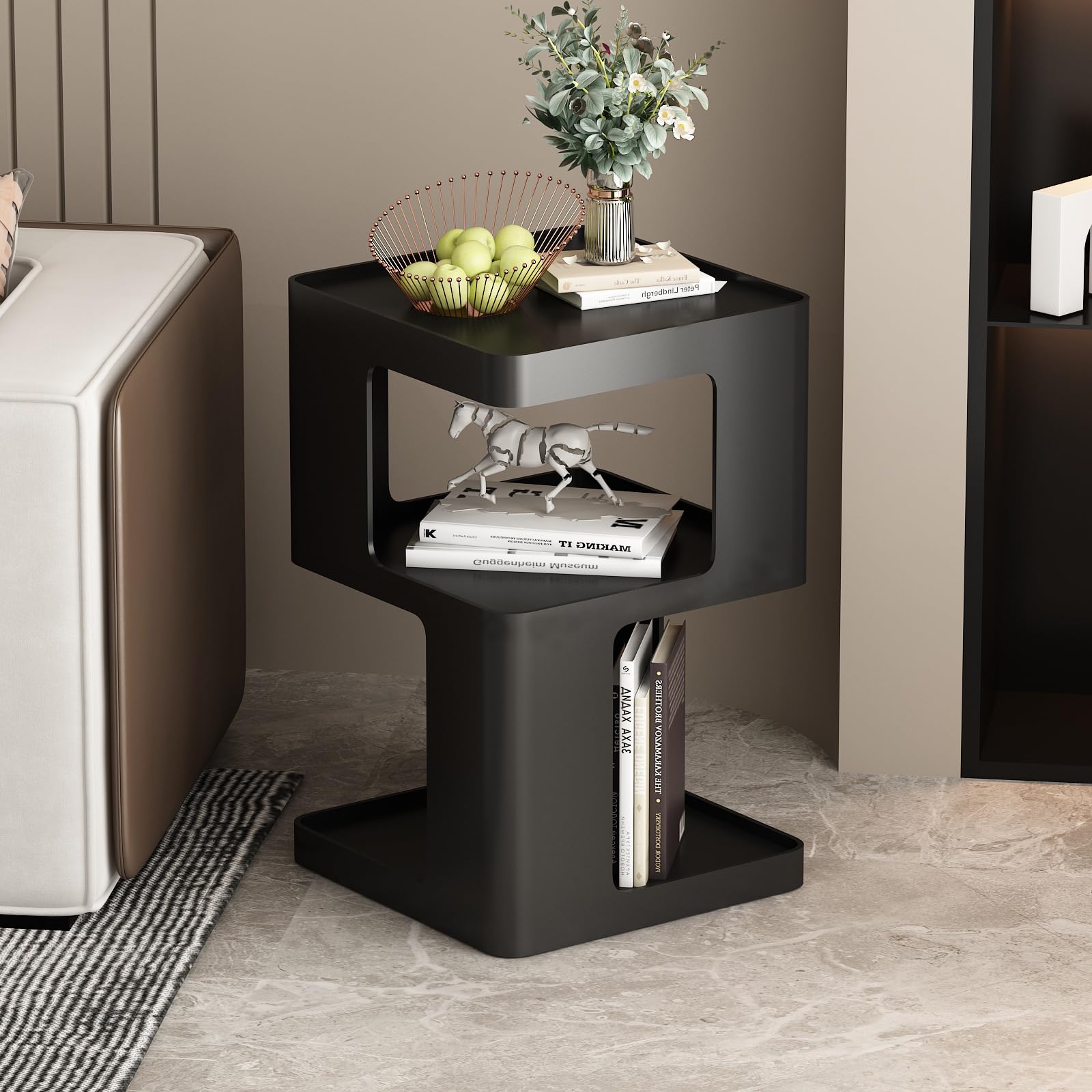 (Similar to stock image, incomplete) Black Side Table, Modern Nightstand Metal End Table for Living Room Bedroom,Square Bedside Table-3 Tier Storage,Not Assemble Required