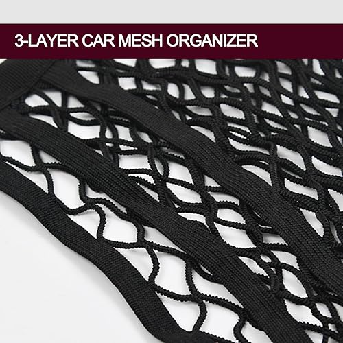Miniatura 2 de 1 organizador de malla de 3 capas para automóvil con 4 ganchos, bolsa de red elástica de cuatro lados de 11.8 x 11.8 pulgadas, bolsillo de red de