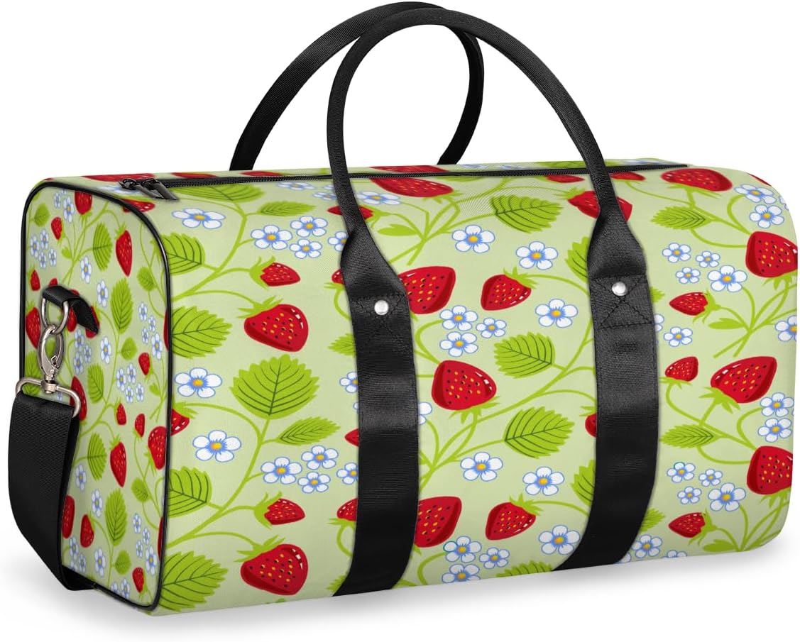 Strawberries Flowers Delicious Travel Duffel Bag for Women Men Large Capacity Overnight Weekender Bags for Lightweight Waterproof Sport Gym Bag for Workout Yoga Swim