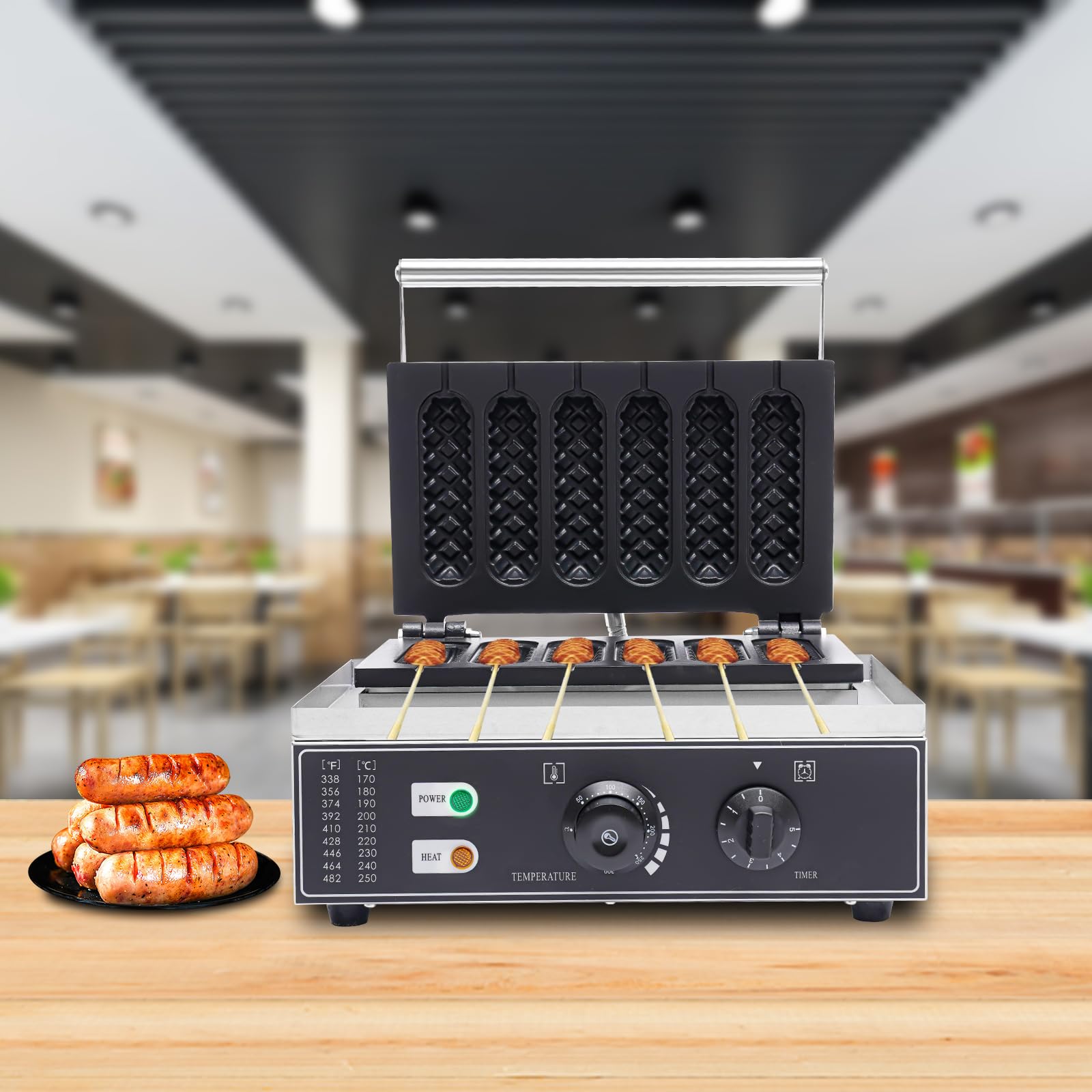 Máquina de perritos calientes 1500W 220V 6 unidades control temperatura 50-300℃ acero inoxidable