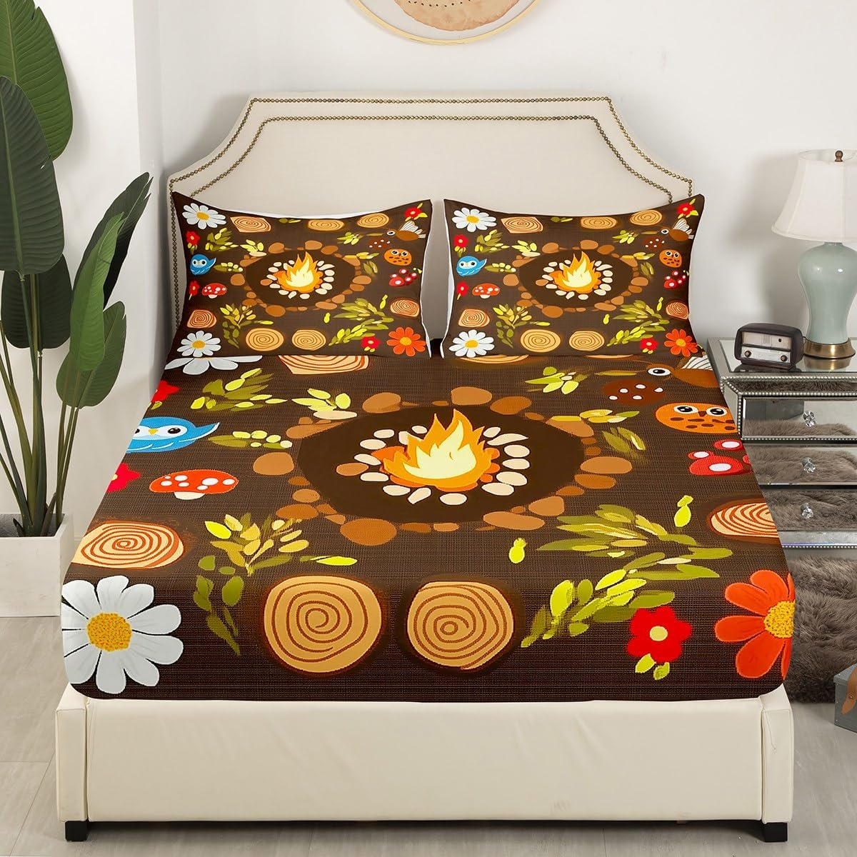 Erosebridal Campfire Bed Sheets Full Size Woodland Stump Fitted Sheet Cartoon Tree Seats Funny Owl Mushroom Bed Set for Kids Brown Leaves Florals Deep Pocket Bedroom Decor