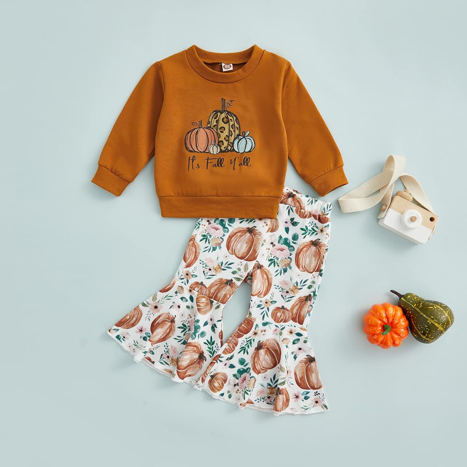 Baby Girl Halloween Outfit Pumpkin Pie Crewneck Sweatshirt Shirt Top Bell-Bottom Pants Sets Cute Toddler Clothes - Image 7