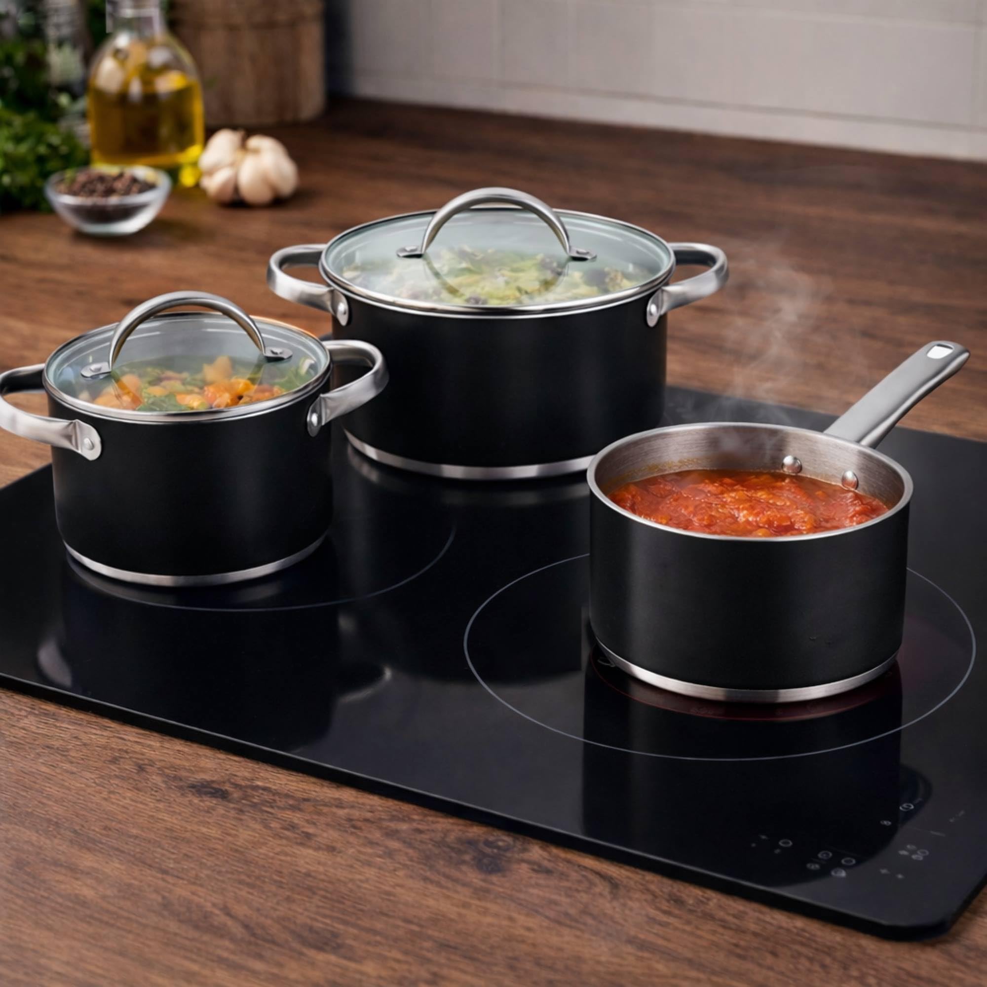 Batería de cocina 5 piezas: Ø16 Ø20 y Ø24 cm en acero inoxidable con tapas + Juego de sartenes Ø16 Ø20 Ø24 aluminio prensado, inducción