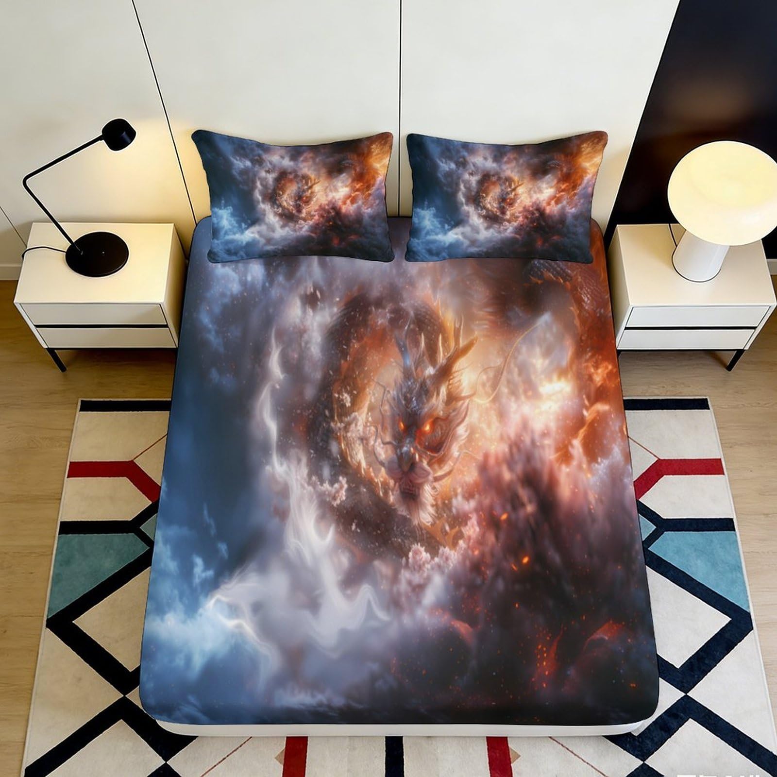 3D Printed Fiery Dragon Fitted Sheet Microfiber Soft Breathable Cosmic Nebula Bed Cover for Bedroom Dormitory Guest Room Mattress Protection 160x200x25cm