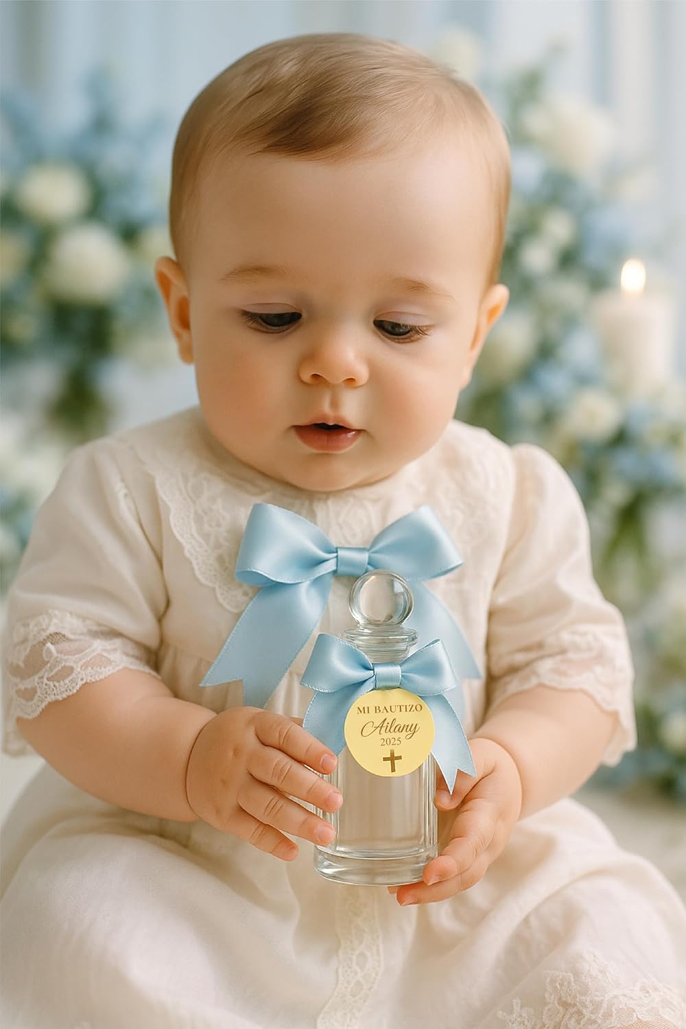 12 pcs Personalized Holy Water Bottle Favor with Gold Acrylic Tag, Baptism Favor (Blue)