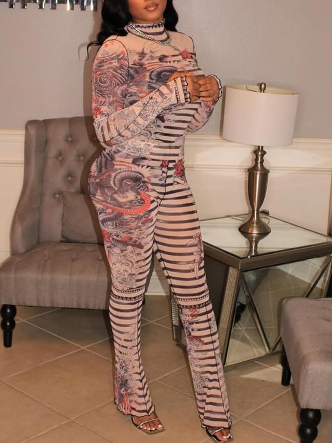 Uni Clau Sexy Two Piece Outfits for Women See Through Mesh Stripe Print Long Sleeve Crop Top Pants Set Club Outfits - Image 3