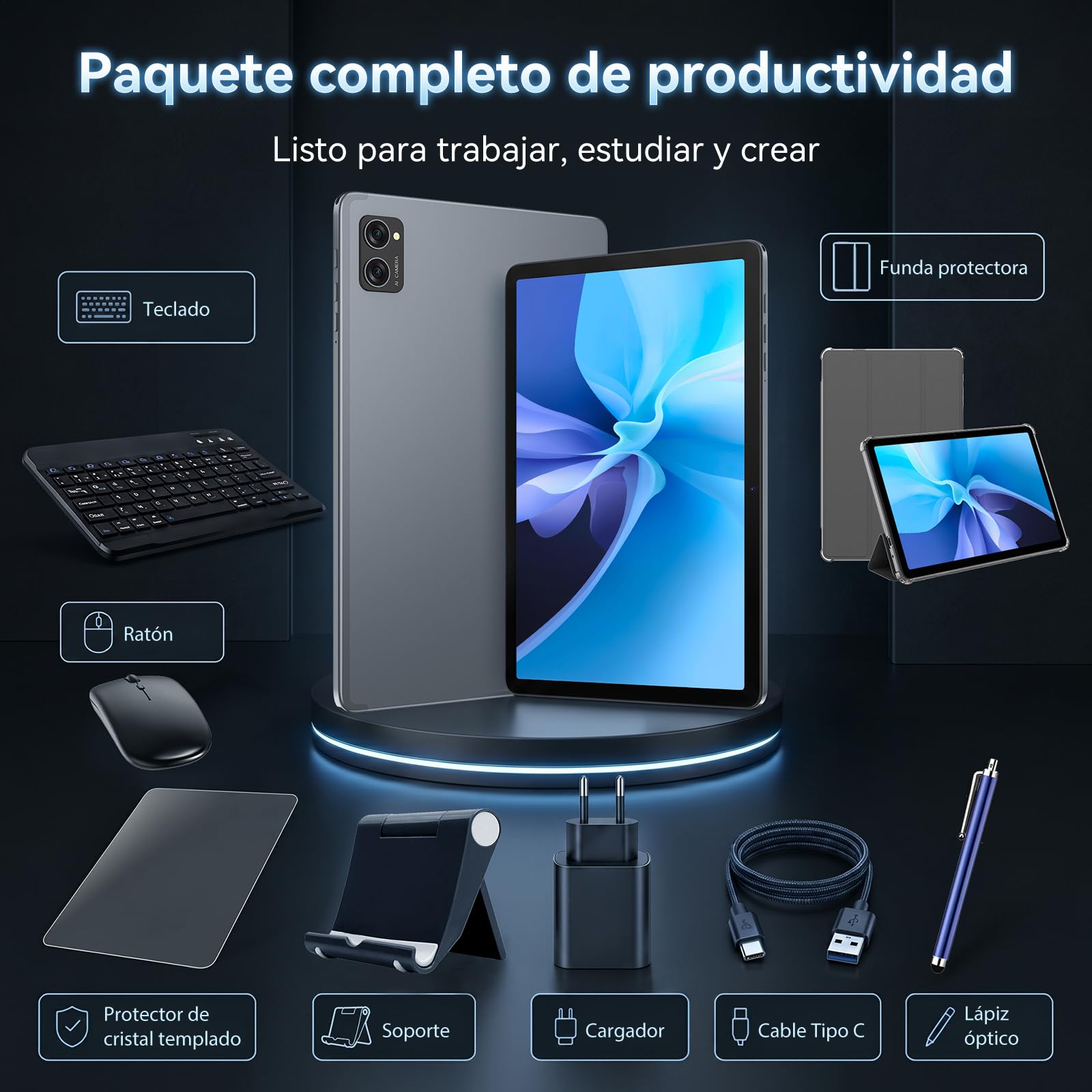 TABWEE Android 16 Tablet con Teclado y Lapiz, 24 GB RAM+ 256 GB ROM | Tablet para Trabajo y Estudiantes, Octa-Core, Gemini AI, Widevine L1, 10 Pulgadas, 8MP+5MP, Face ID, GPS (Garantía de 4 Años)