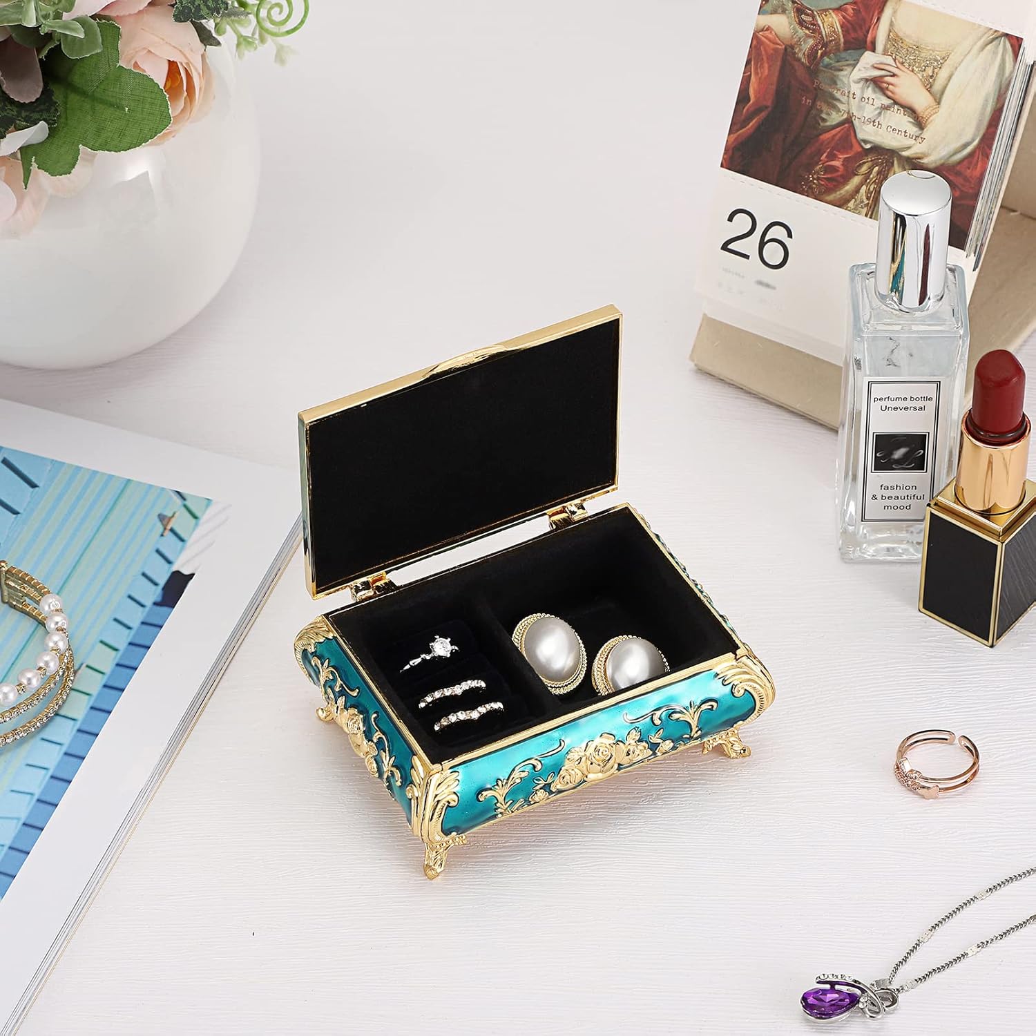 Hipiwe Vintage Metal Jewelry Box Small Treasure Chest Case Trinket Organizer Earrings Necklace Bracelet Storage Box Ring Box Holder Keepsake Box for Women - Image 3