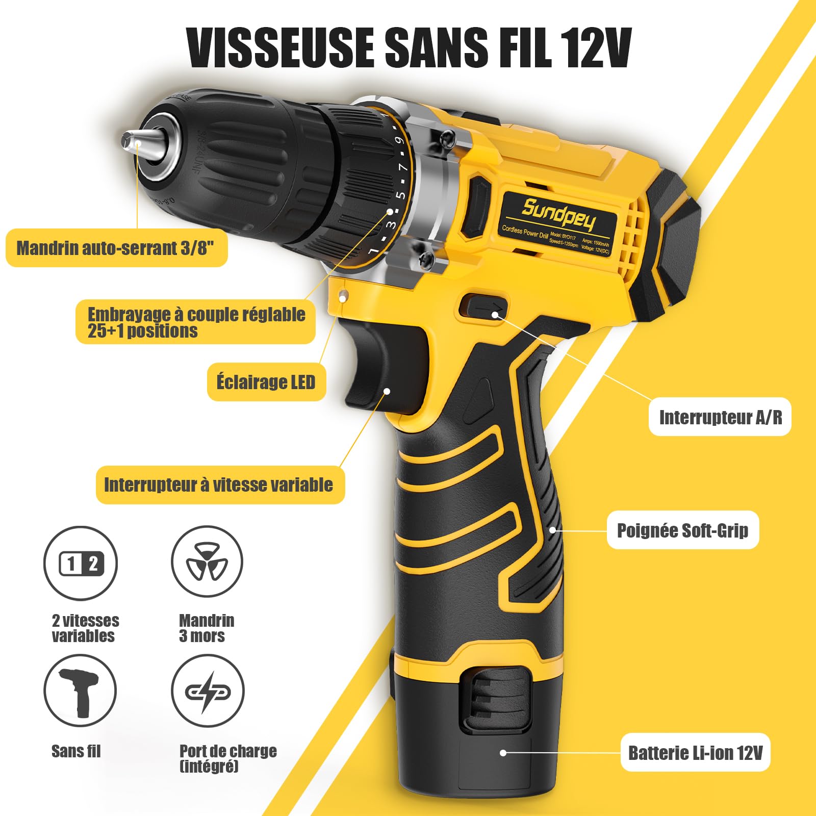 Sundpey Caisse a Outil Complete 166 Pièces avec Perceuse Sans Fil 12V, Trousse Complète avec Batterie, Chargeur, Malette Outils - Kit de Réparation Domicile pour Maison, Appartement, Jardin, Bureau