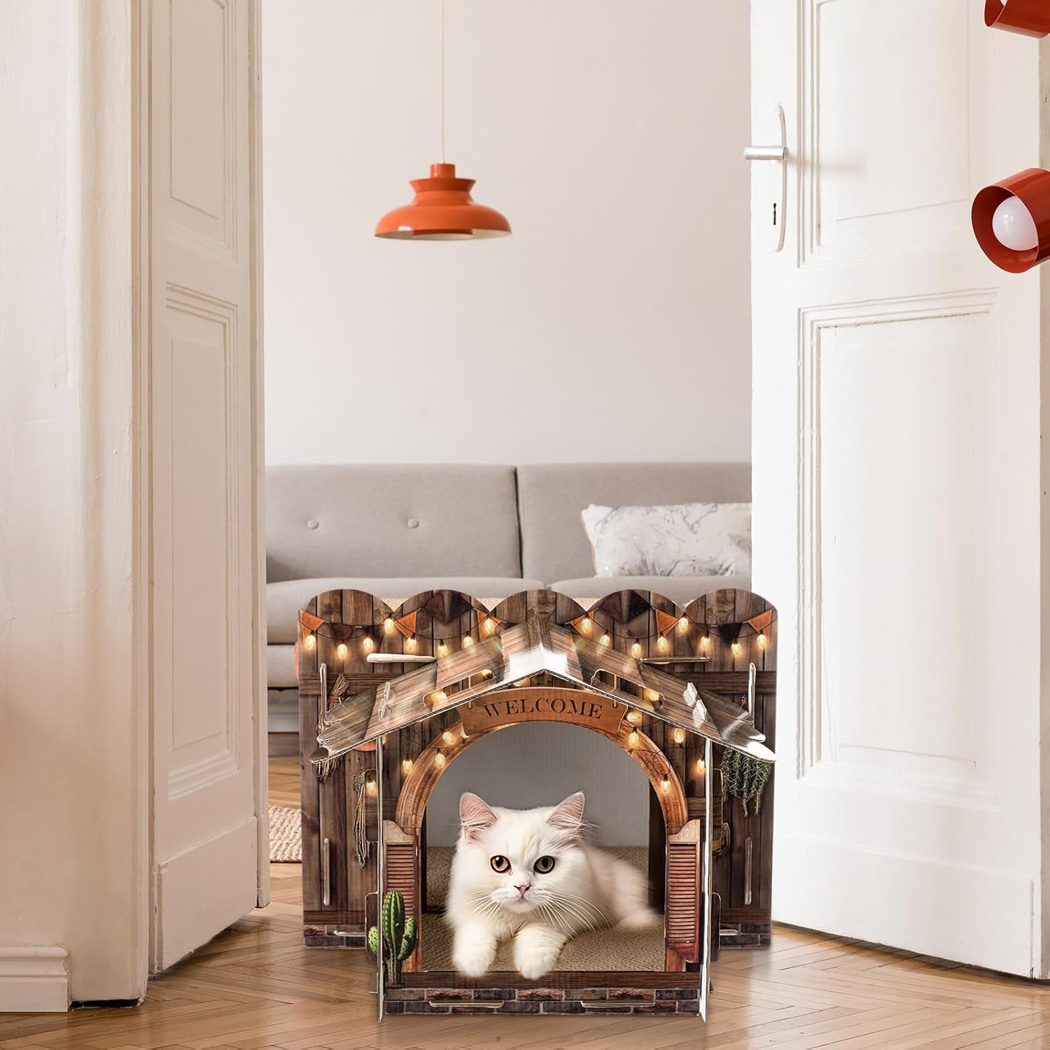 Lineshading 2 Story Cardboard Cat House with Scratcher Pad, Multi Level Durable Cat Scratcher House for Small Kitten Bunny Rabbit Animals Christmas Birthday Gift(17x12x10,Western)