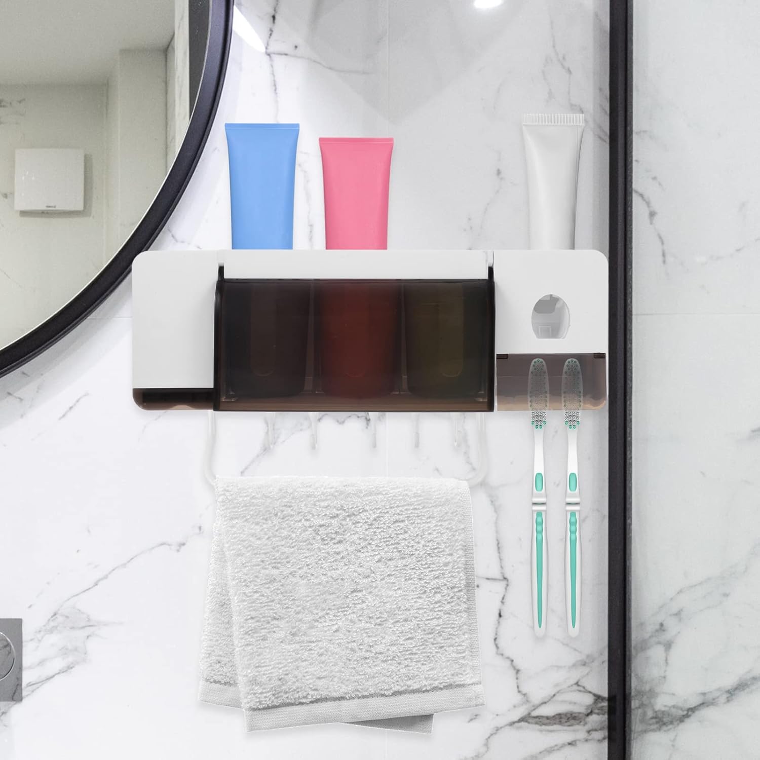 LIFKOME Wall-Mounted Toothbrush Holder and Toothpaste Dispenser Space Saving Design for Bathroom Kitchen and Hotel Use Easy Installation Material Multi-Functional Organizer