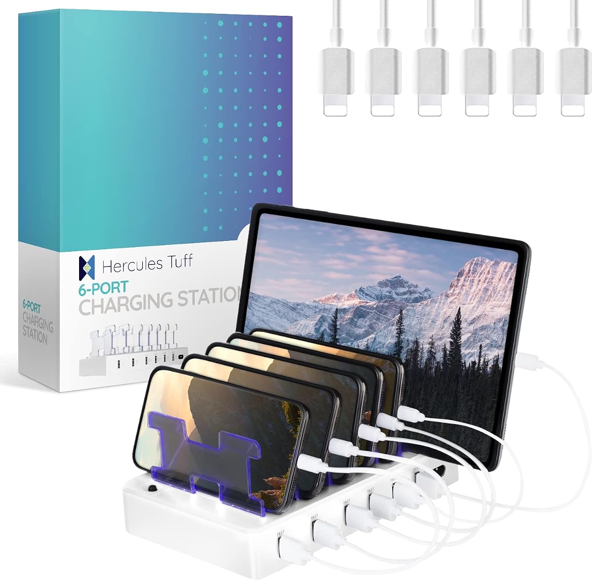 Fast Charging Station for Multiple Devices, 6-Port USB Charging Dock White | Smart IC Technology for Safe Charging, Organized storage, Works with Apple iPhone 14 and earlier & iPads, for home, office