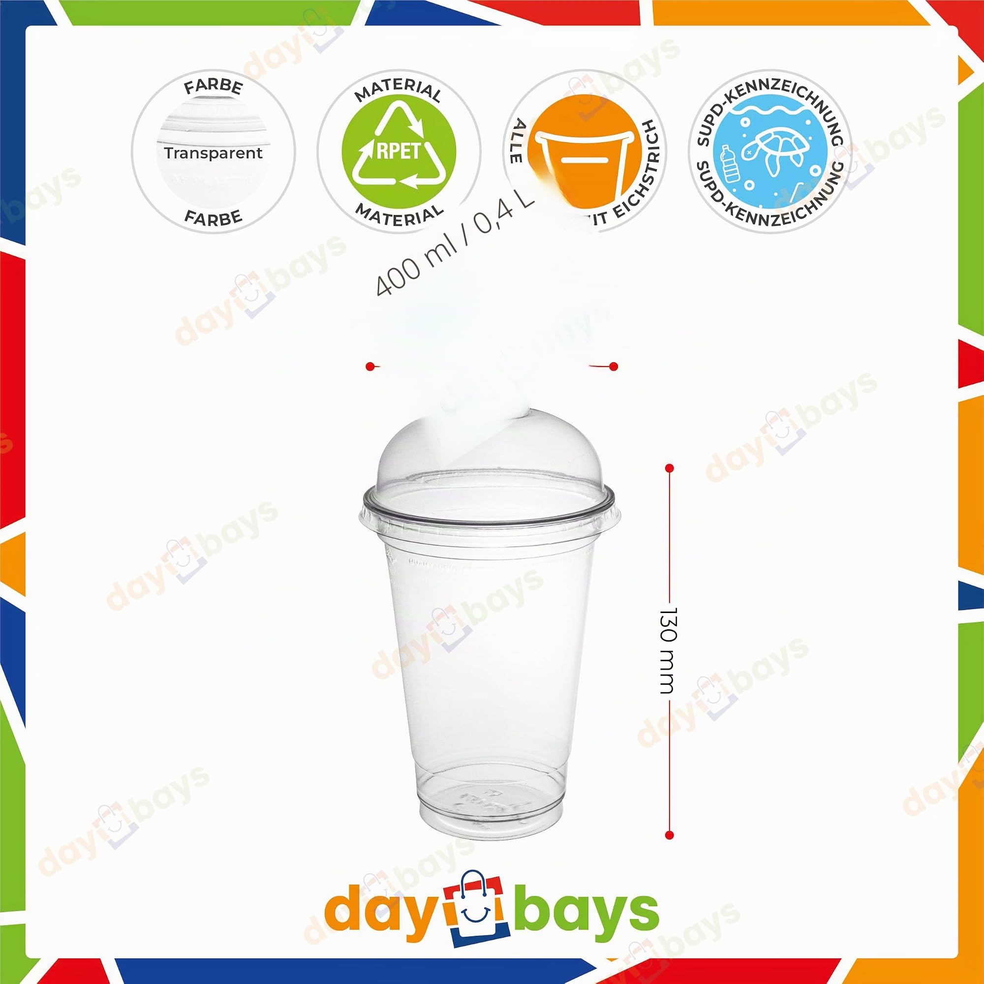 Smoothie Becher to Go 400ml Ø95mm inkl. Domdeckel mit Rundloch 50 Stk. Plastikbecher Trinkbecher Einwegbecher Dessertbecher Eiskaffee Bubble Tea Becher Cocktail Gläser (50, 400ml.)