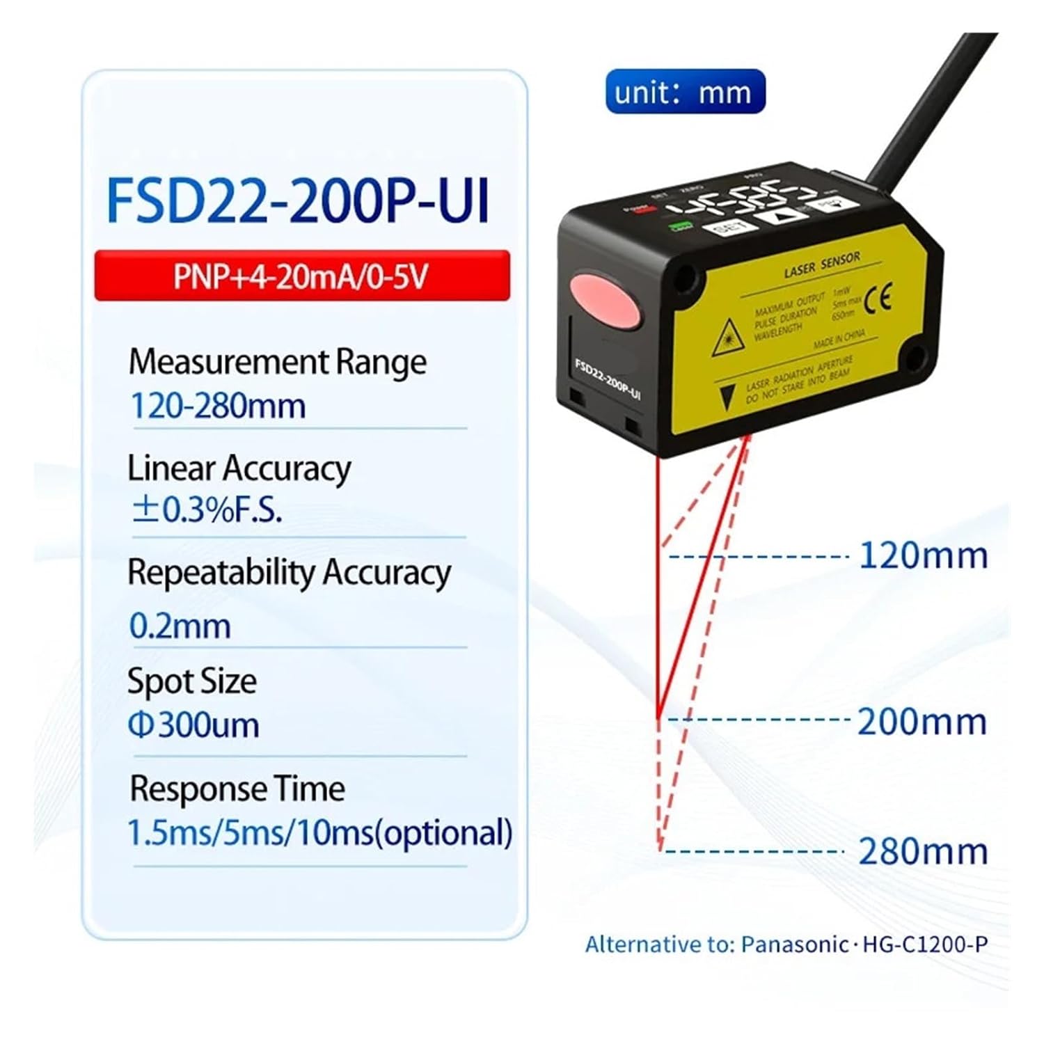 FSD22-200P-UI Output Pnp High-Precision Distance Measuring 200mm Analog 4~20mA 0-5V Laserr Displacement Sensor Micro