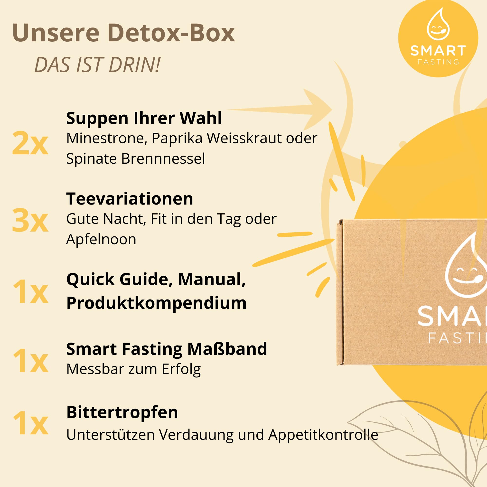 1-Tages-Detox-Box – vegane Fasten- & Suppenkur für Zuhause mit Suppen, Tee & Bittertropfen – sanfte Entlastungskur ohne Hungern – inkl. Anleitung & Maßband – Smart Fasting nach Dr. Lischka