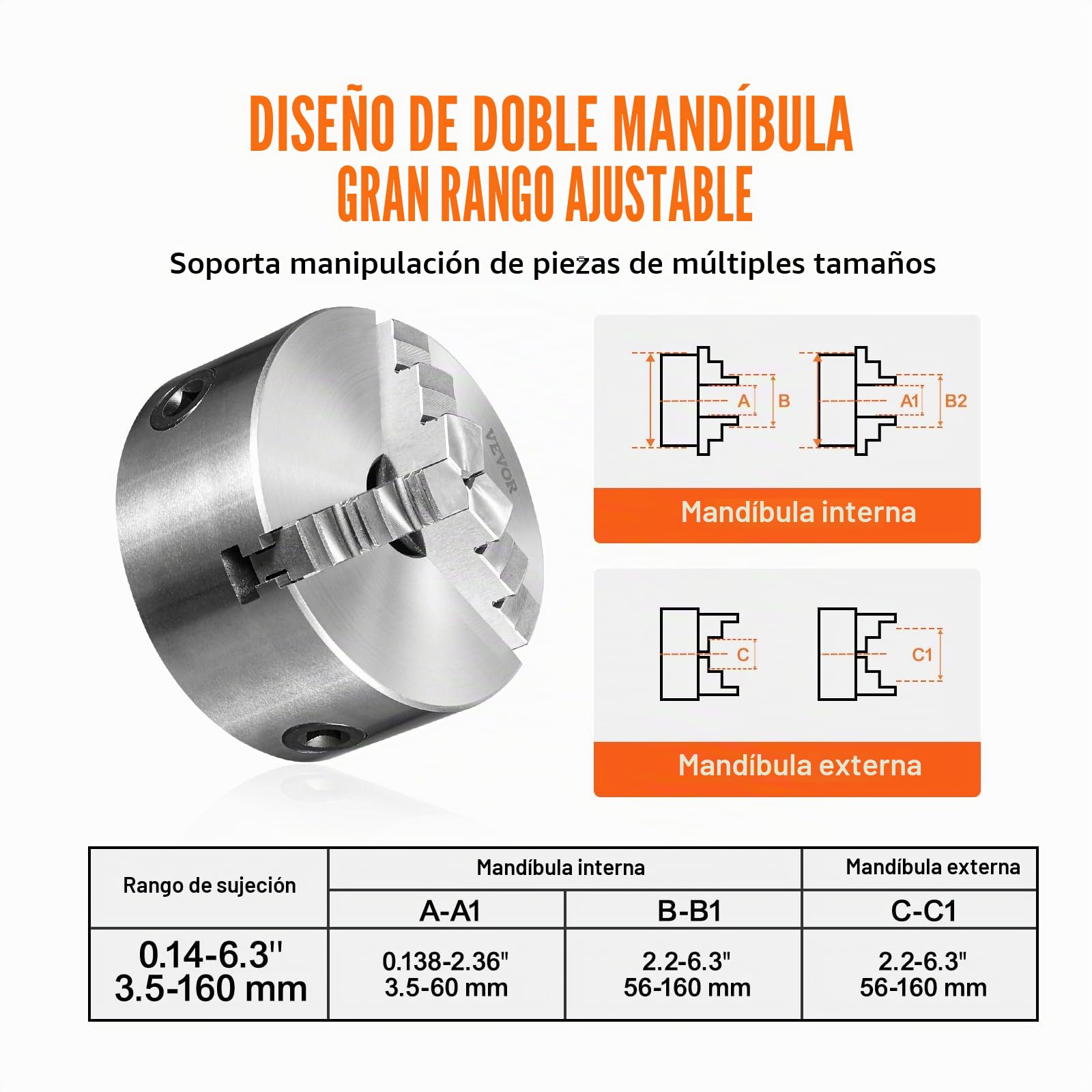VEVOR Portabrocas de Torno Autocentrante 3 Mordazas de 6" Mandril de Torno Rango de Sujeción 0,14"-6,3" Mandril de 3 Mordazas Llave en T Autocentrante Mandíbula Reversible para Fresadoras Taladros
