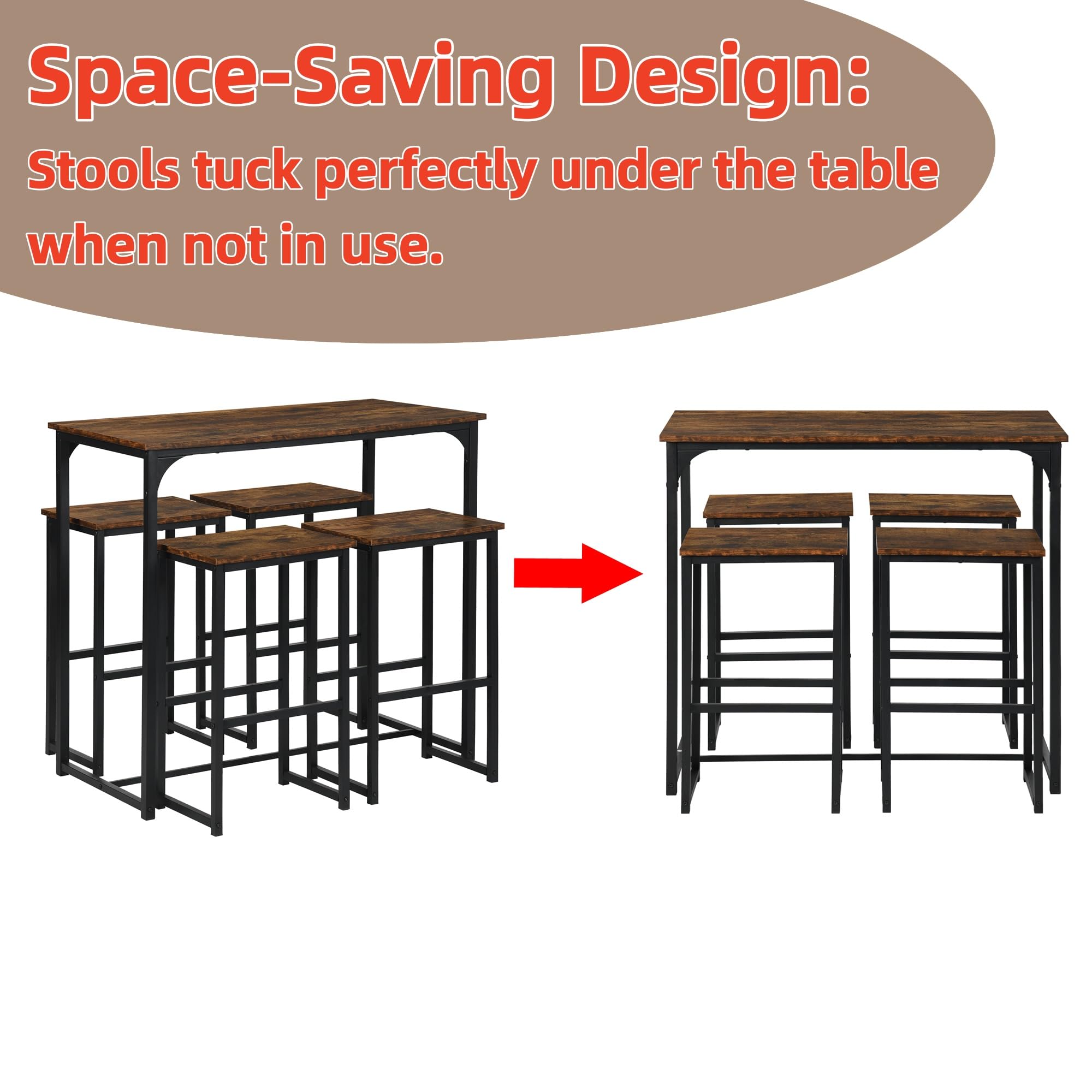 Tavolo da Pranzo con 4 Sedie, Tavolo e Sedie da Esterno Set 5 Pezzi Mobili Industriale Tavolo 100 x 50 x 90 cm, Sedie Cucina 40 x 30 x 65 cm, per Cucina, Nero Opaco + Venatura Legno Retrò