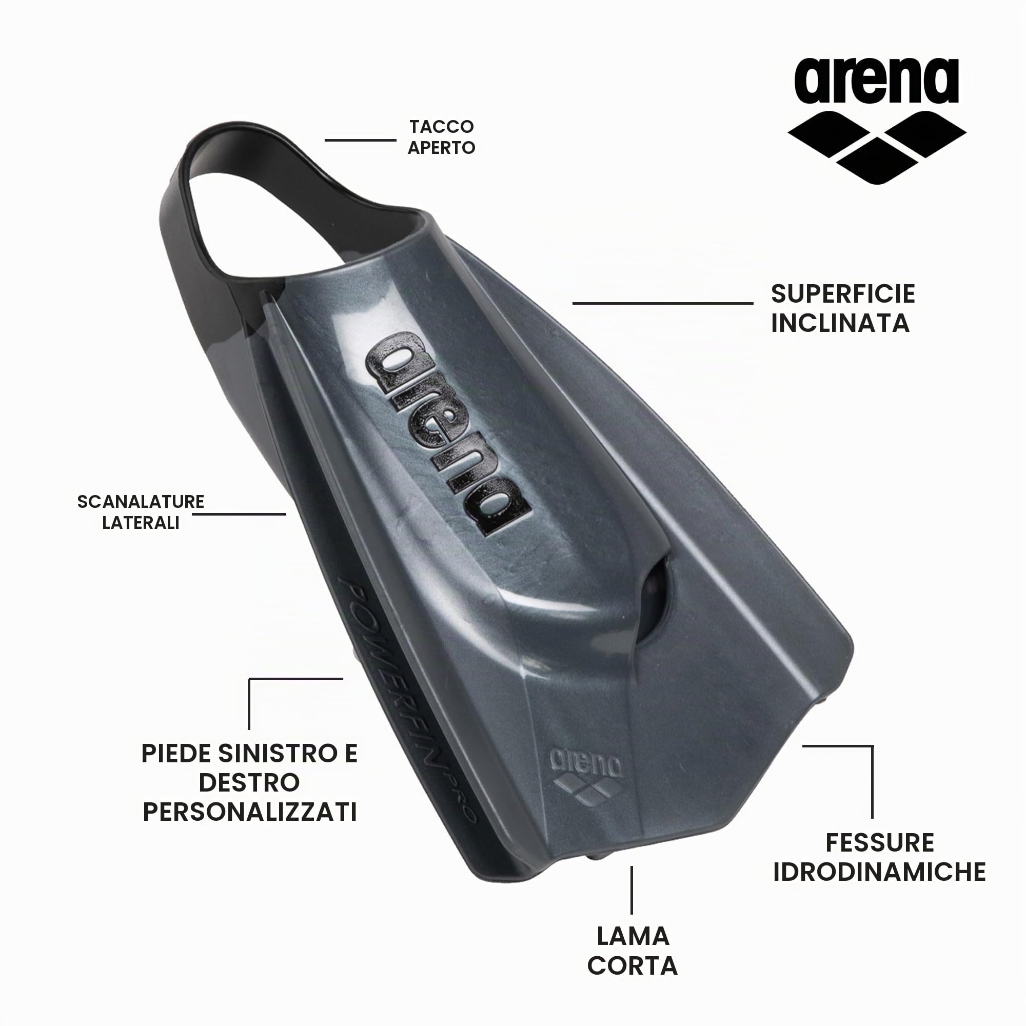 Arena Powerfin PRO II, Pinne Unisex per Adulti, in Silicone, a Lama Corta, Piede Destro/Sinistro Personalizzabile, Misure: 40 - 41