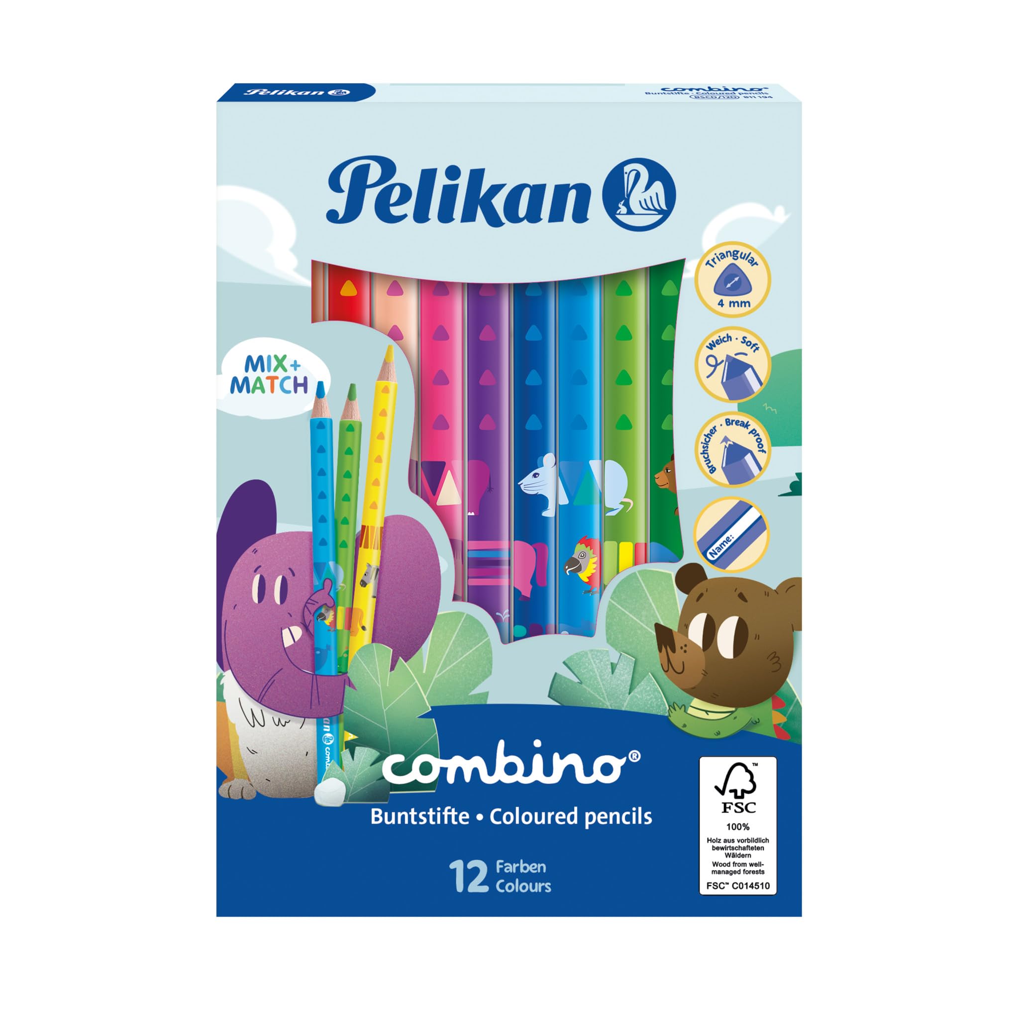 Pelikan Combino Mix e Match, Matite Colorate Jumbo, Triangolari Ergonomiche per Bambini, Educative, con Animali Combinabili sul Fusto. Astuccio 12 Matite Colori Assortiti